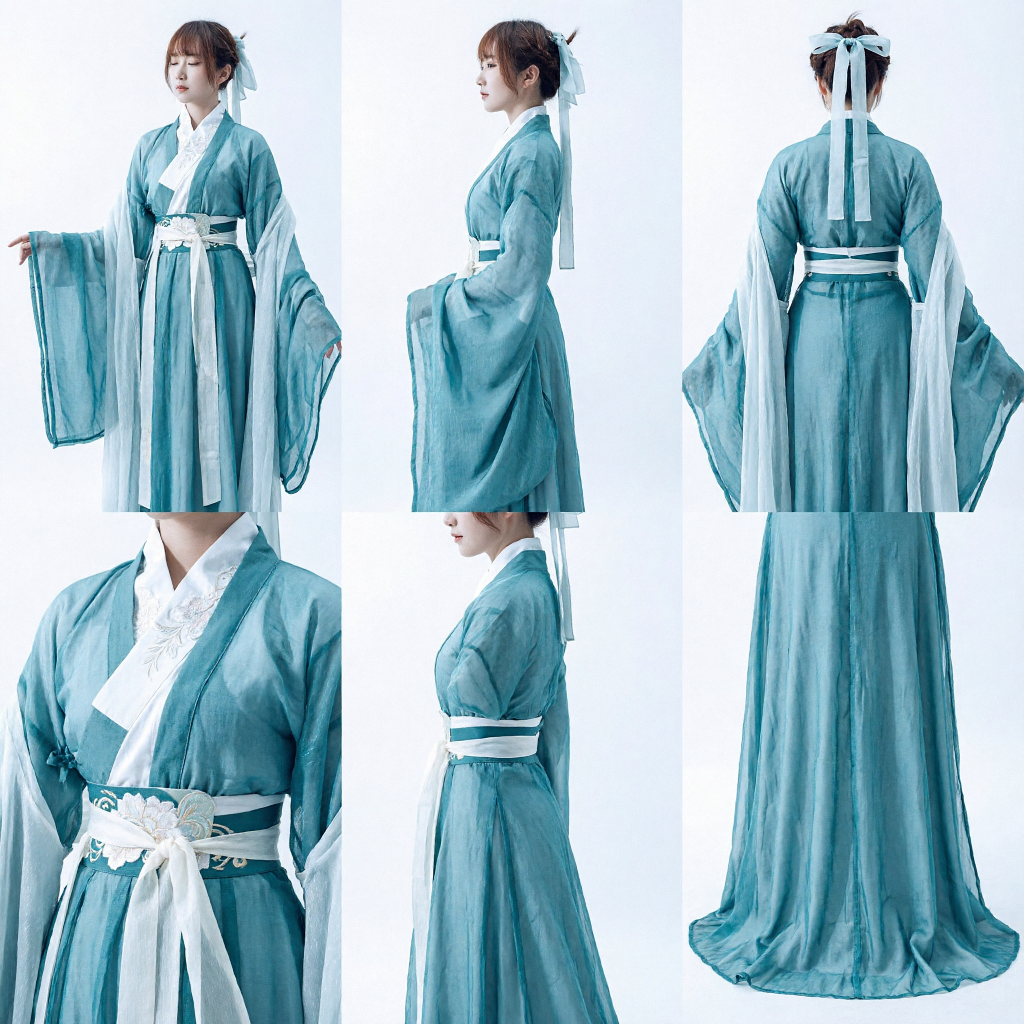 Women's Ancient Chinese Hanfu Costume Traditional Blue Cross-Collar Robe Wide Sleeve Dress for Cosplay Photography - Asian Costume