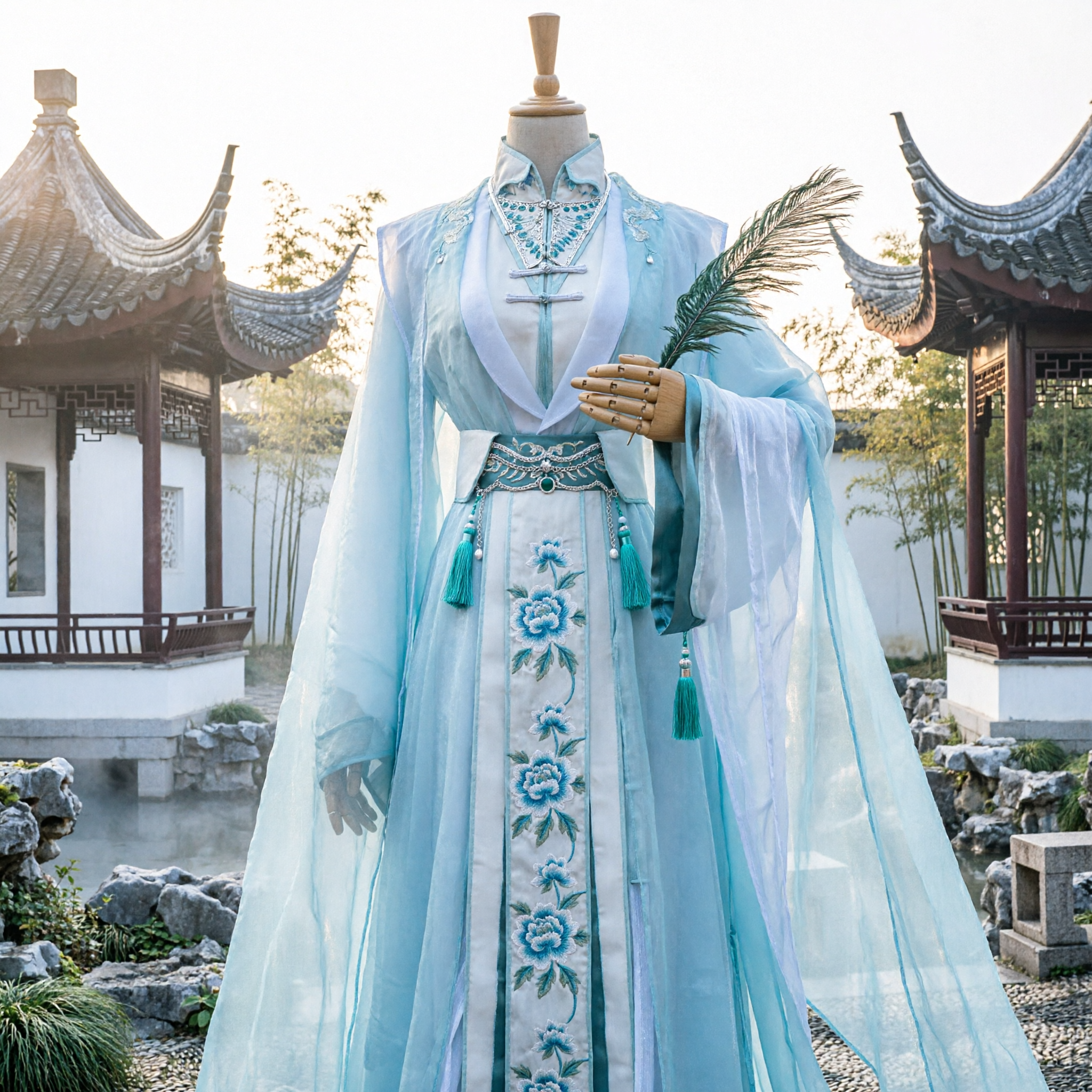 Traditional Chinese Hanfu Costume Ancient Immortal Swordsman Cosplay Robe White Blue Outfit for Adults - Asian Costume
