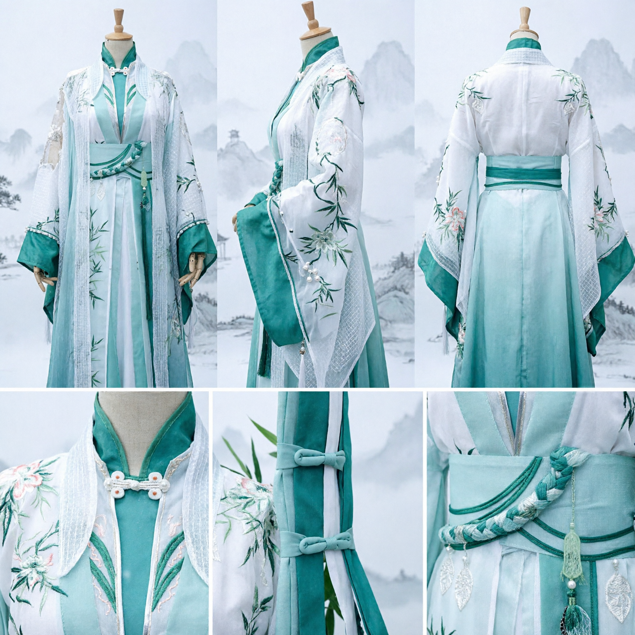 Traditional Chinese Hanfu Men's Green Bamboo Print Robe Ancient Swordsman Cosplay Costume for Stage Performance - Asian Costume