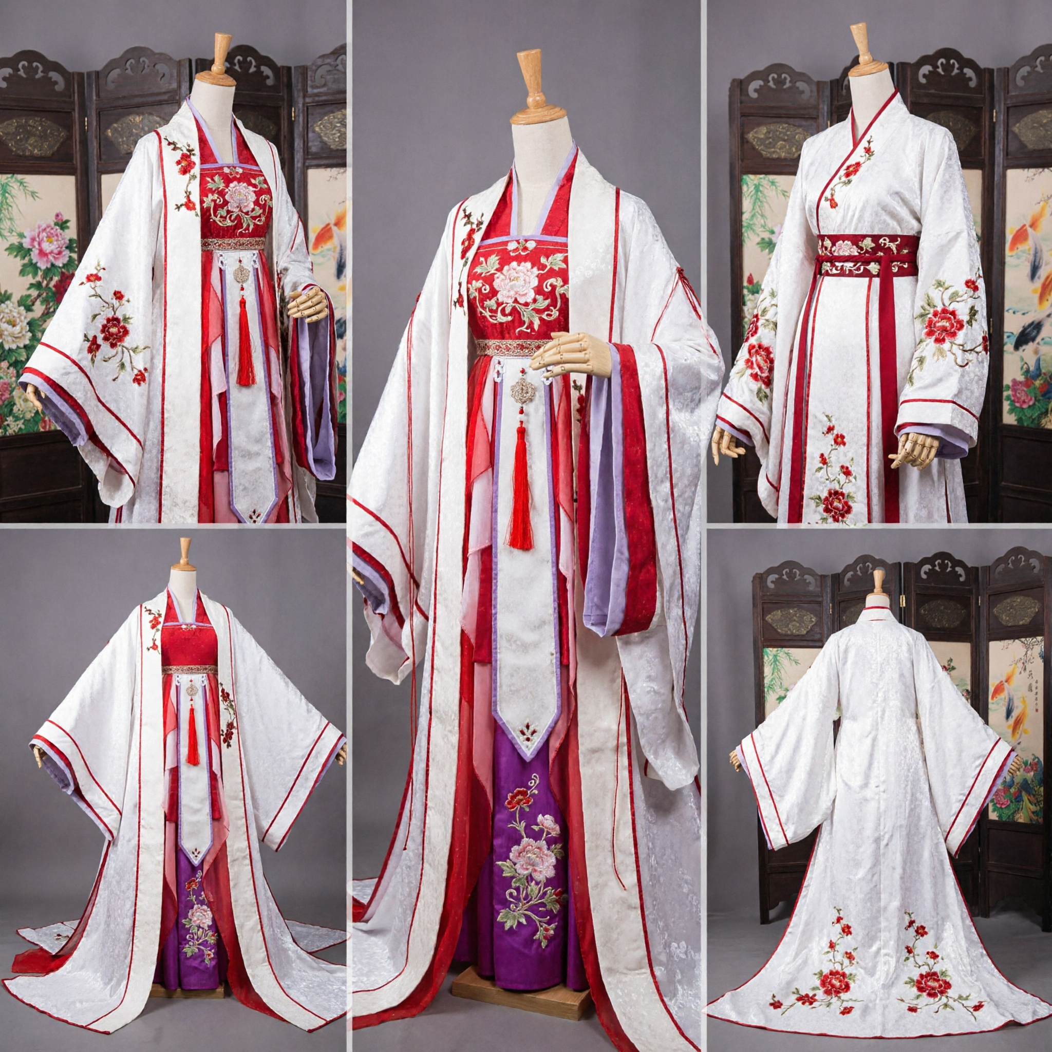Chinese Traditional Hanfu Red and White Embroidered Robe Ancient Palace Lady Costume for Women - Asian Costume