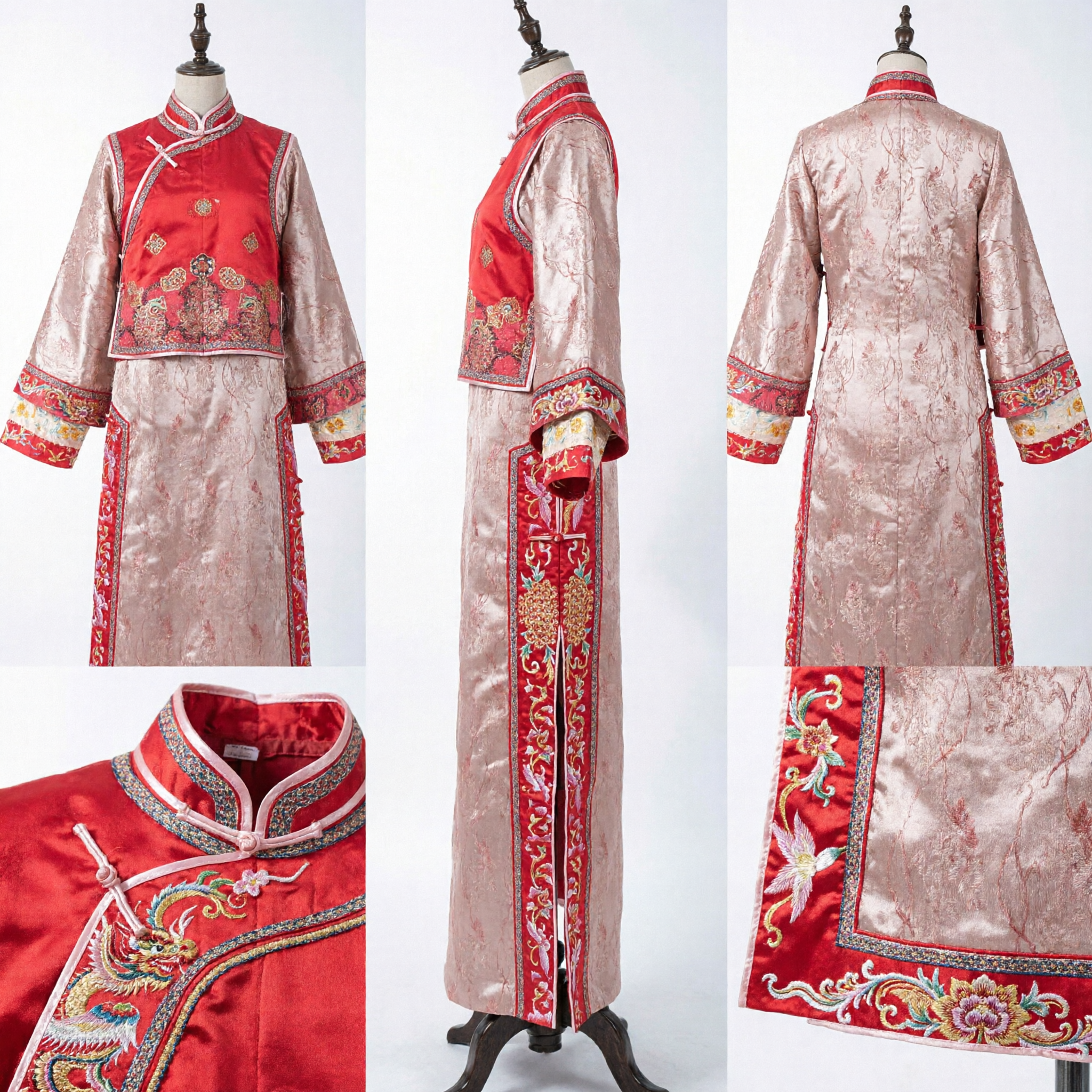 Traditional Chinese Qing Dynasty Embroidered Silk Costume Red Pink Manchu Princess Outfit for Women Stage Performance - Asian Costume