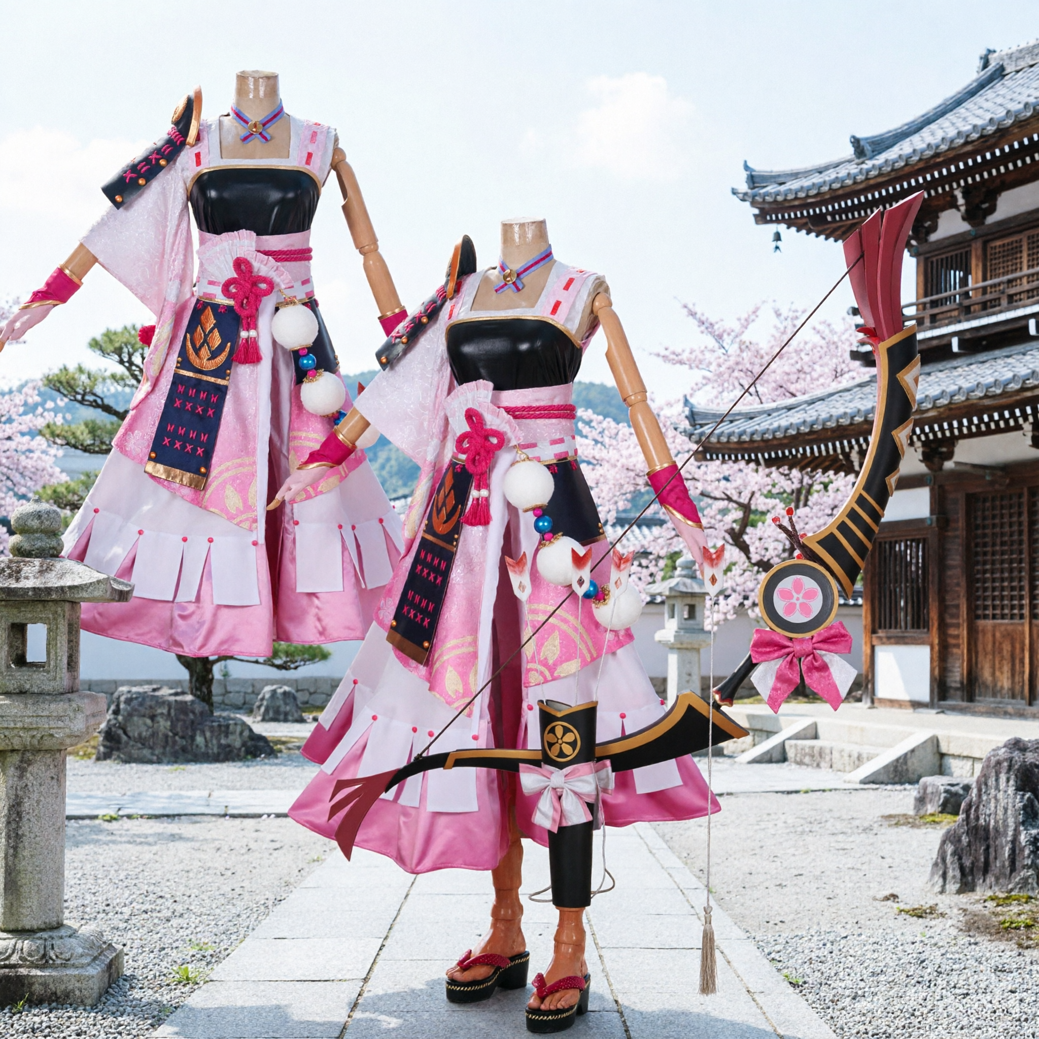 Genshin Impact Yae Miko Cosplay Costume Pink Shrine Maiden Dress Full Set with Bow for Halloween - Asian Costume