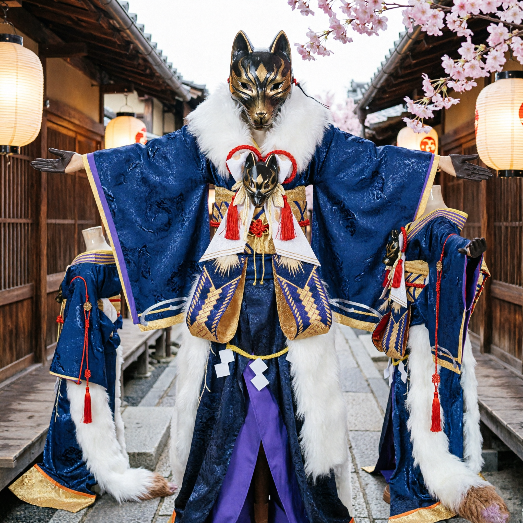 Men's Japanese Blue Kimono Fox Spirit Cosplay Costume with Kitsune Mask for Halloween Party - Asian Costume