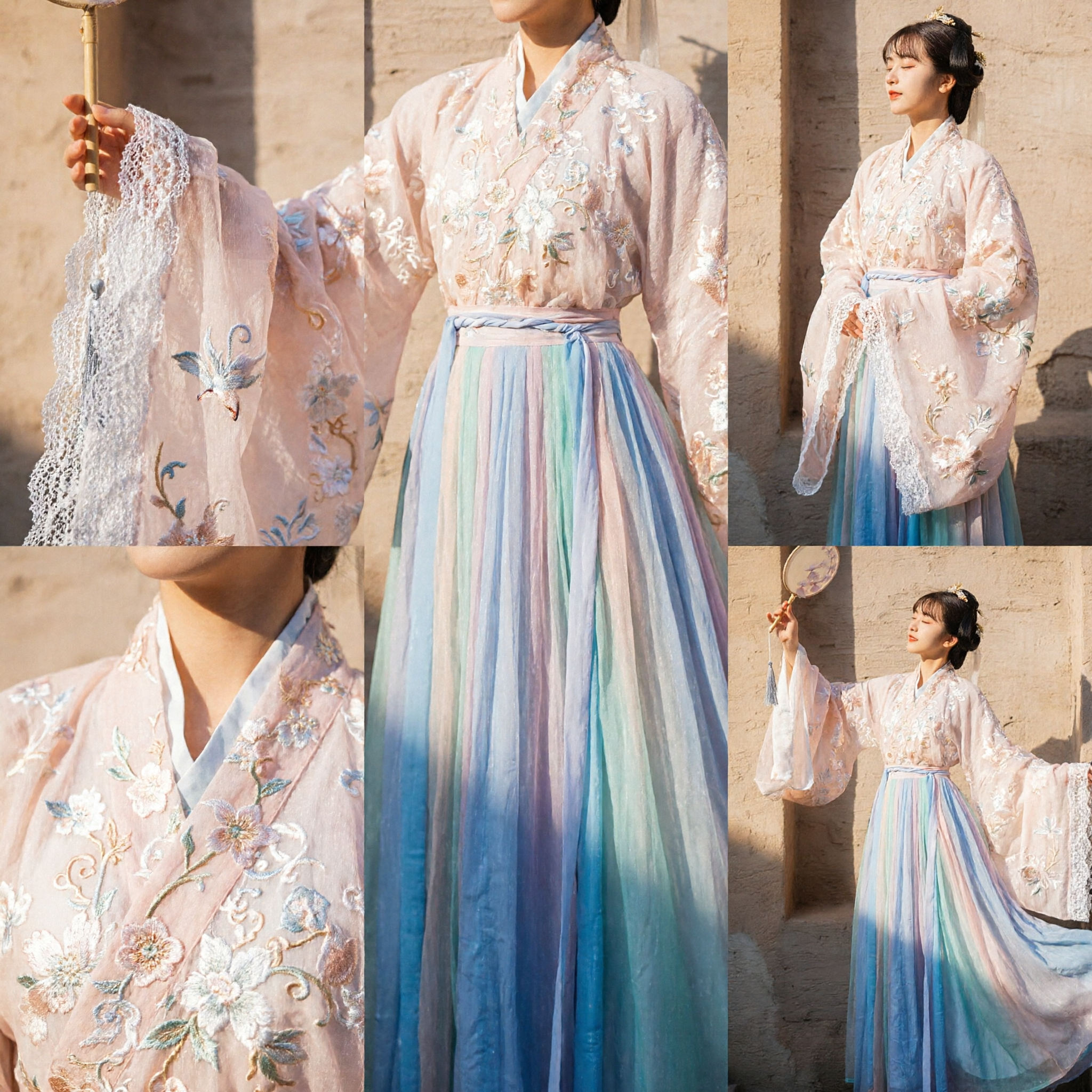Elegant Traditional Chinese Hanfu Dress for Women Ancient Embroidered Sheer Top Rainbow Gradient Pleated Skirt Costume - Asian Costume