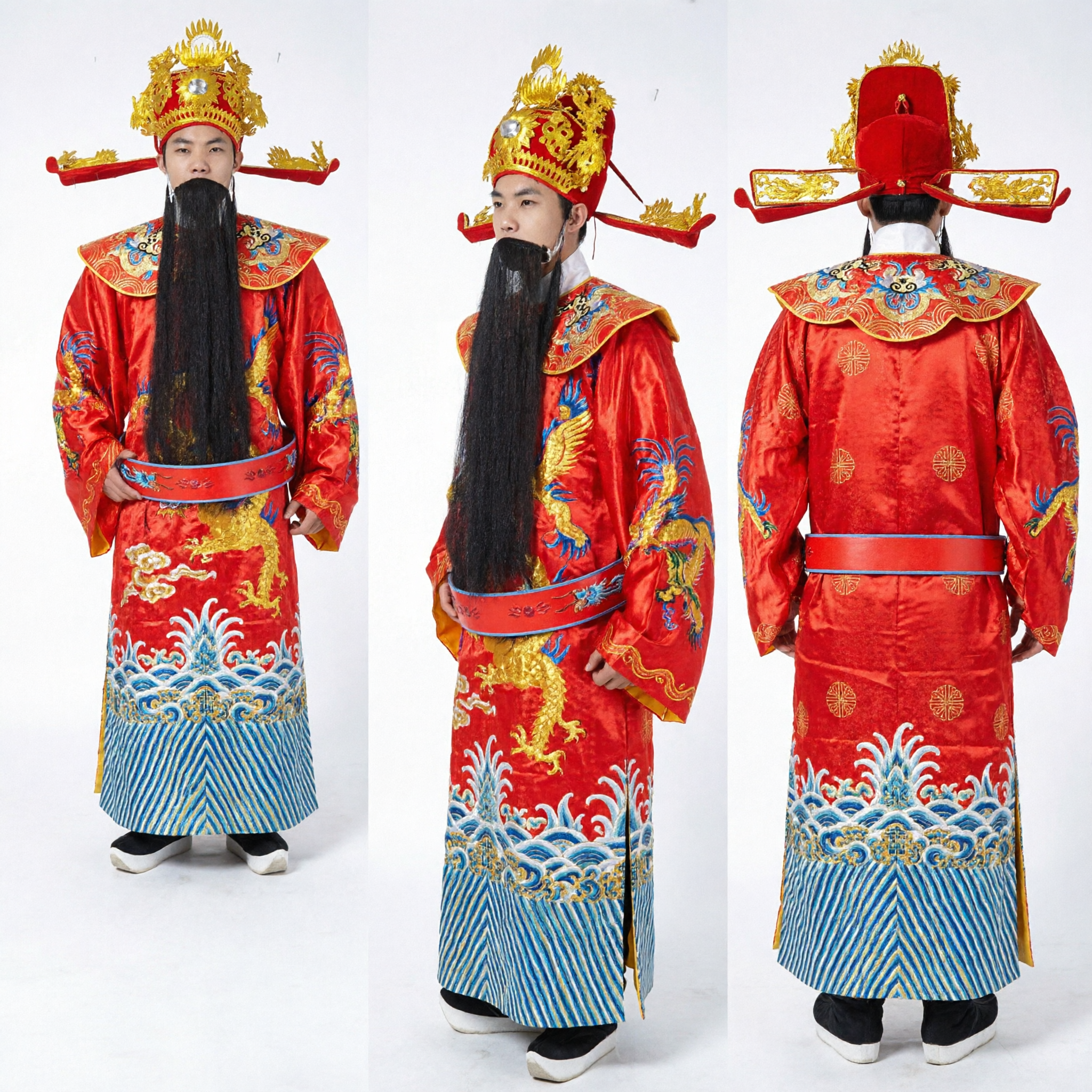 Men's Traditional Chinese God of Wealth Costume Red Dragon Robe Hat Beard Set for New Year Performance - Asian Costume
