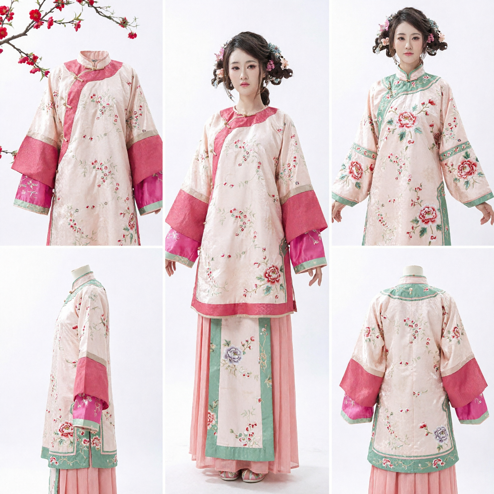 Elegant Women's Traditional Chinese Hanfu Ancient Costume Pink Floral Embroidery Dress for Photography and Performance - Asian Costume