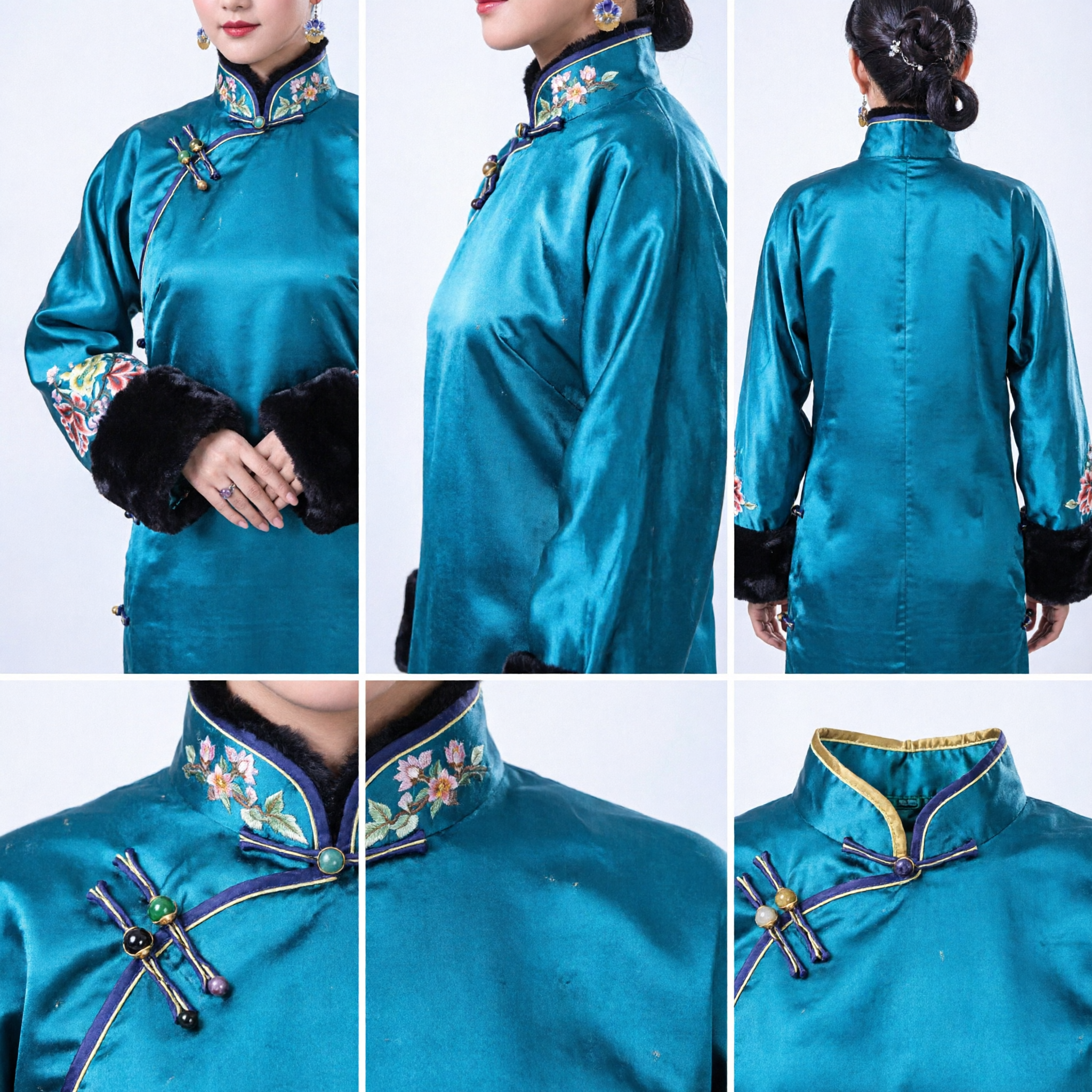 Elegant Teal Silk Cheongsam Women's Traditional Chinese Winter Fur Trim Floral Embroidery Qipao Dress for Weddings - Asian Costume