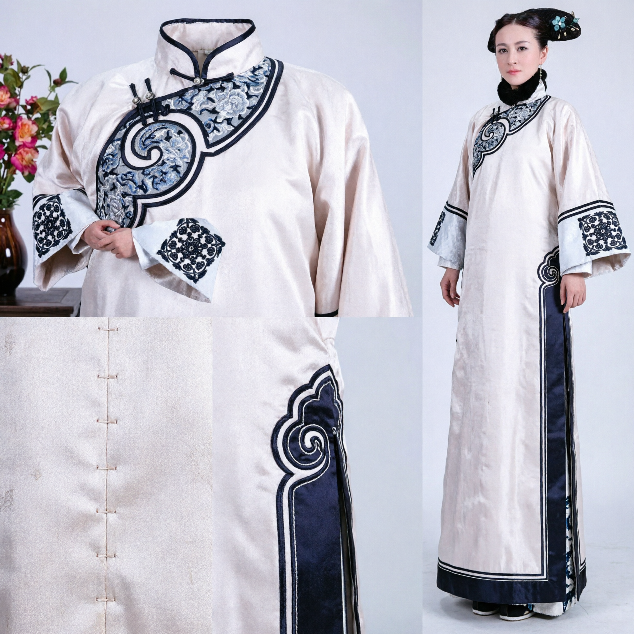 Traditional Chinese Qing Dynasty Manchu Princess Costume White Embroidered Robe with Fur Collar for Women - Asian Costume