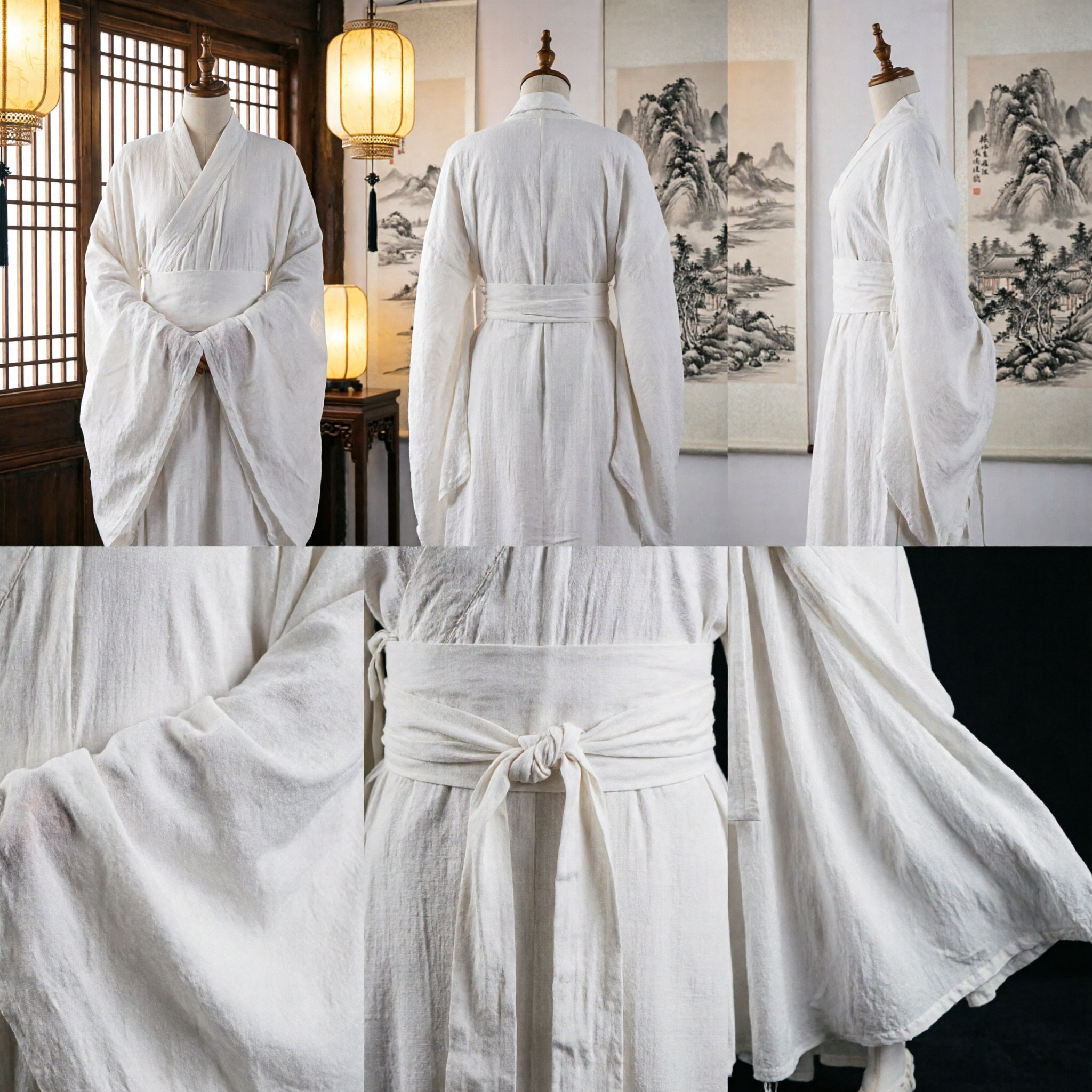 White Traditional Chinese Hanfu Robe Ancient Wuxia Martial Arts Costume Linen Clothing for Men and Women - Asian Costume