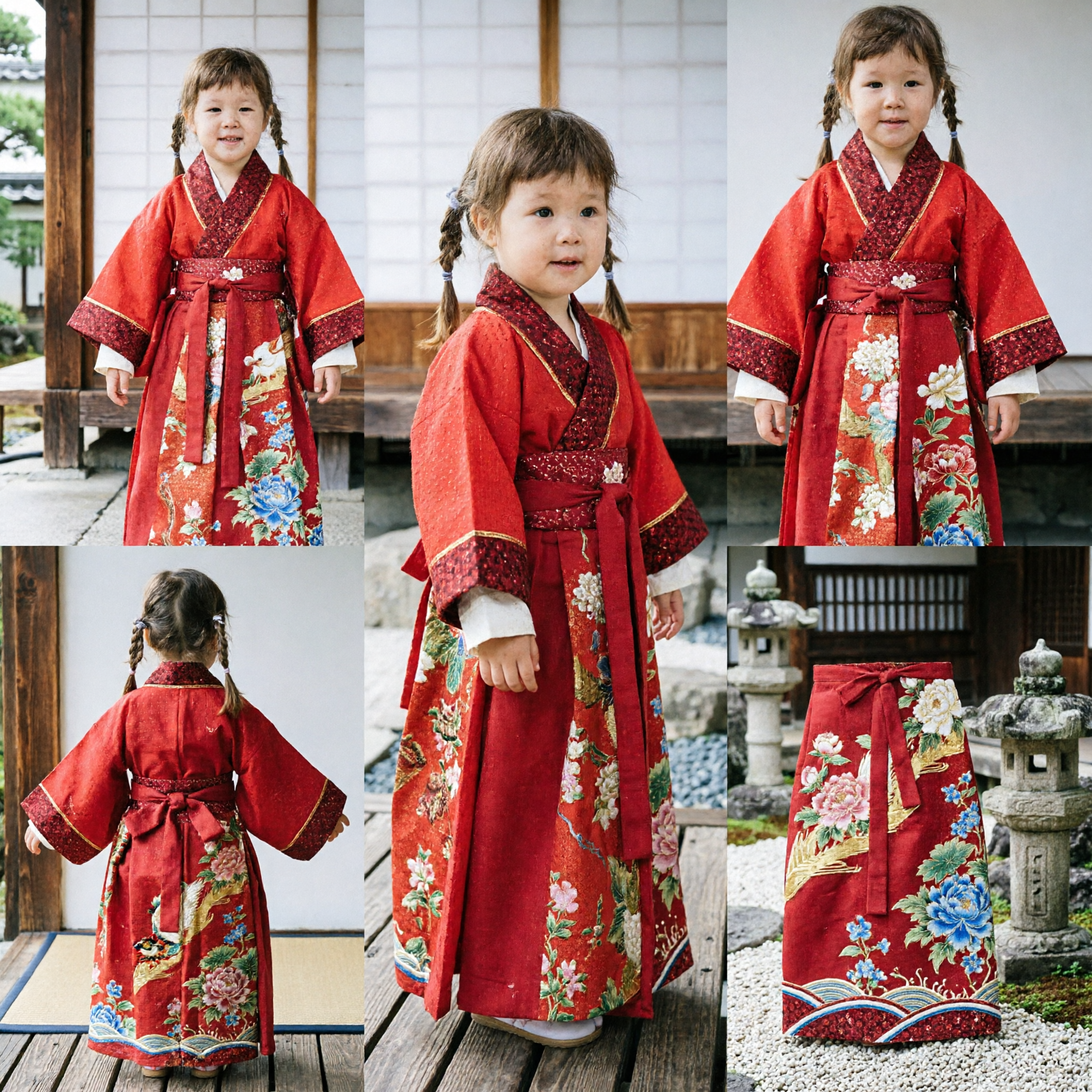 Traditional Japanese Kimono Dress for Girls Red Floral Long Sleeve Asian Cultural Costume for Kids - Asian Costume