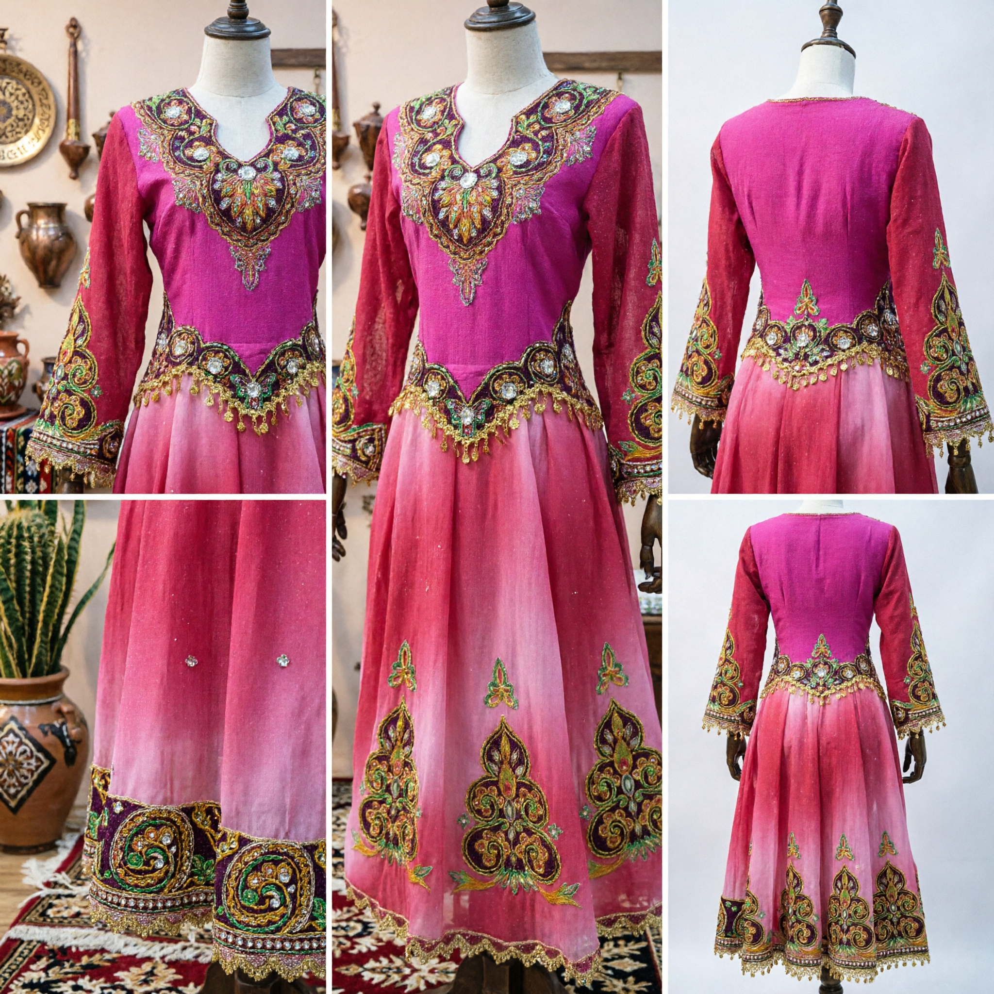 Chinese Traditional Xinjiang Uyghur Folk Dance Costume Pink Embroidered Stage Performance Dress for Women - Asian Costume