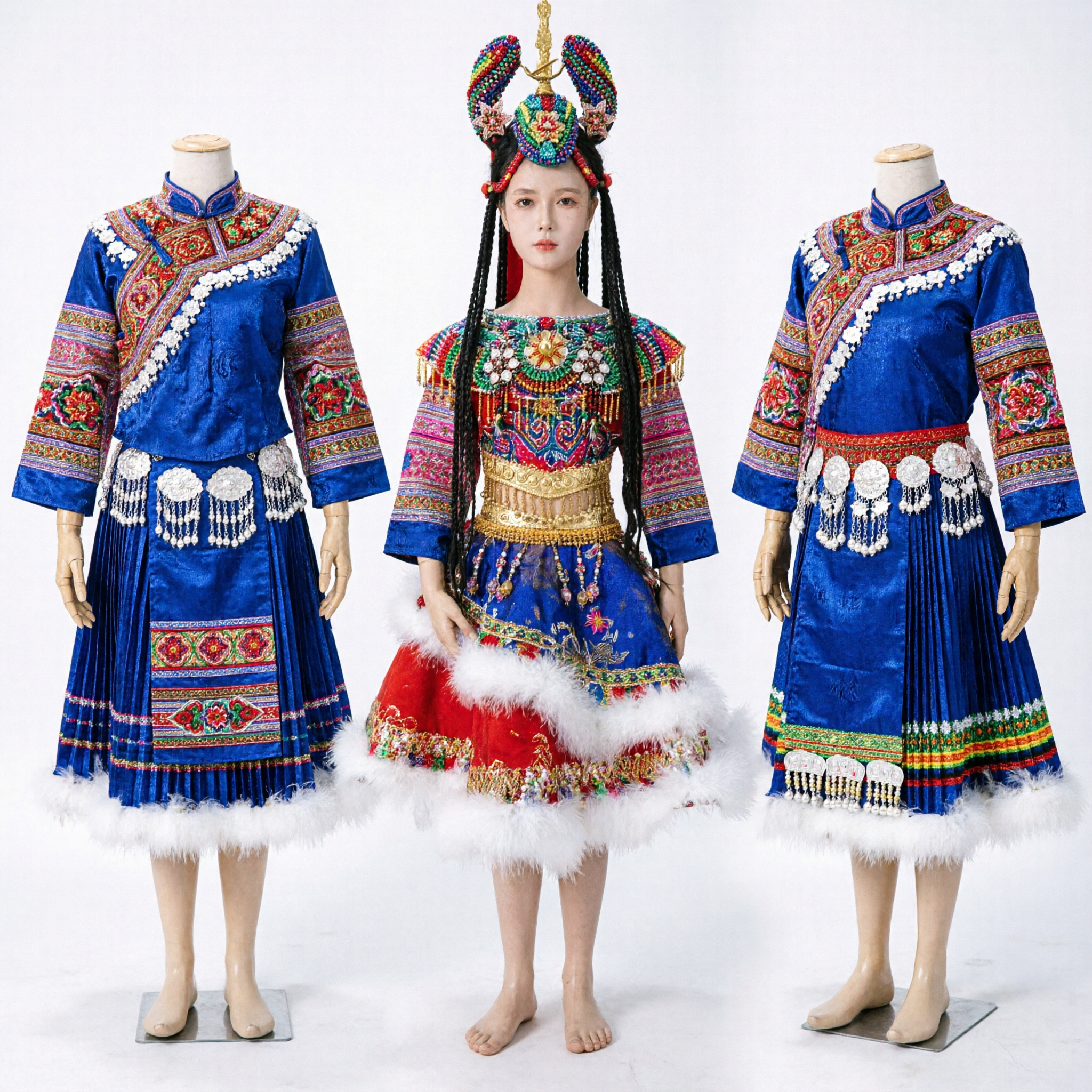 Traditional Chinese Miao Ethnic Minority Costume Blue Embroidered Dress with Headdress for Women Folk Dance Stage Performance - Asian Costume