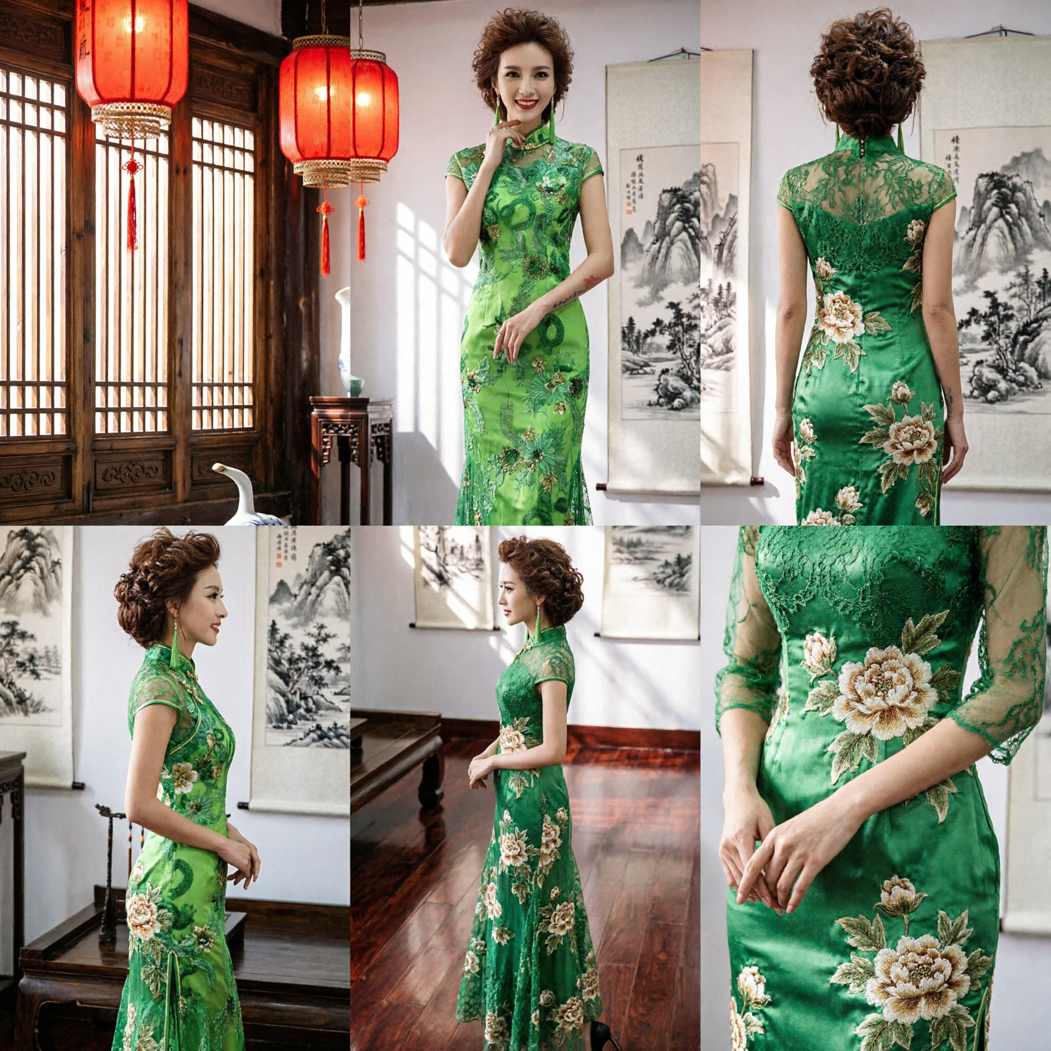 Elegant Green Long Cheongsam Dress Floral Lace Mermaid Evening Gown for Wedding Banquet Party - Asian Costume