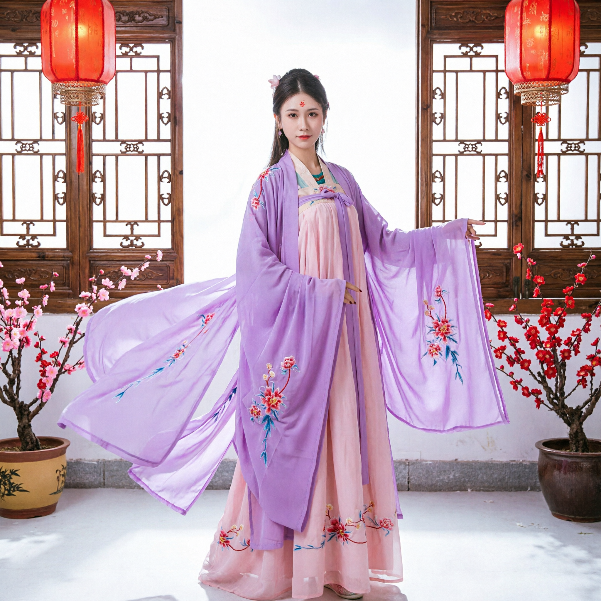 Chinese Traditional Hanfu Purple Floral Embroidery Robe Ancient Palace Dress Tang Dynasty Costume for Women - Asian Costume