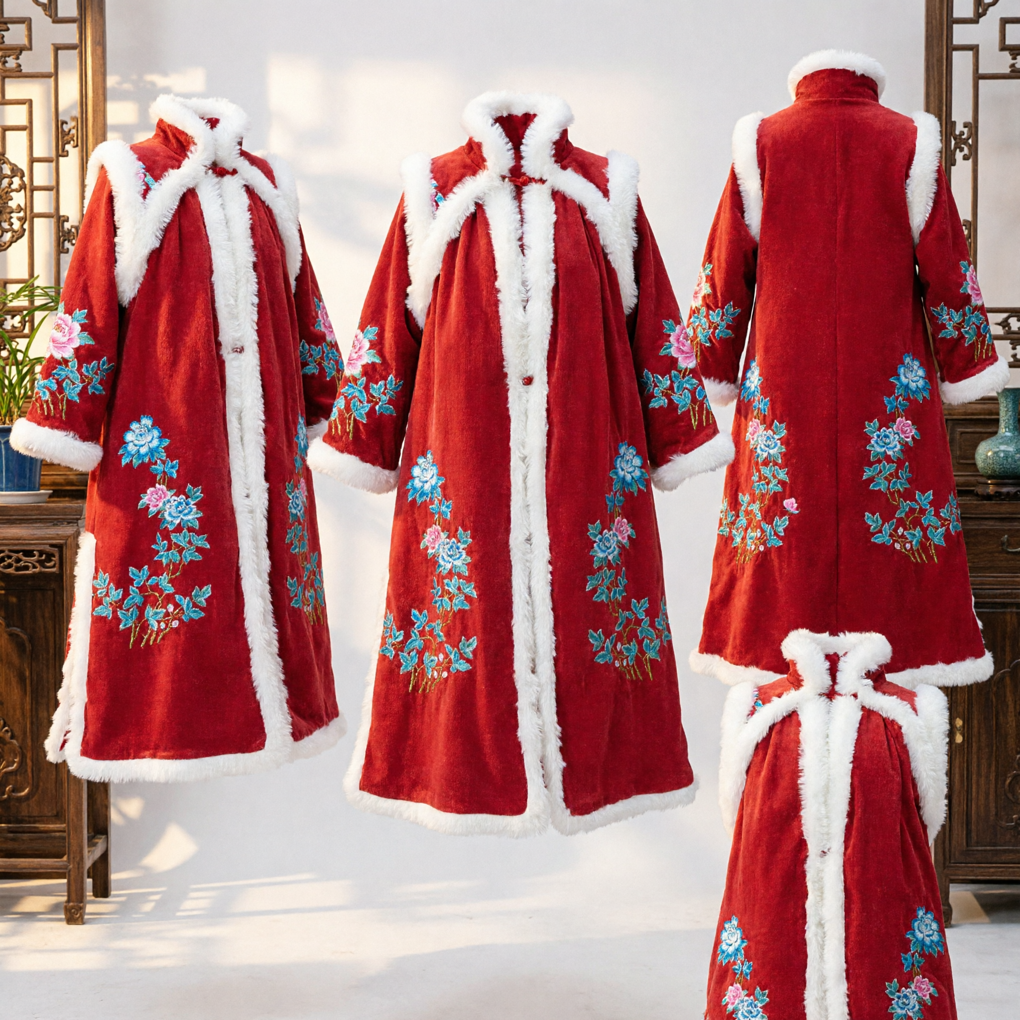 Traditional Chinese Red Winter Cloak with White Fur Trim and Floral Embroidery Hanfu Cape for Women - Asian Costume