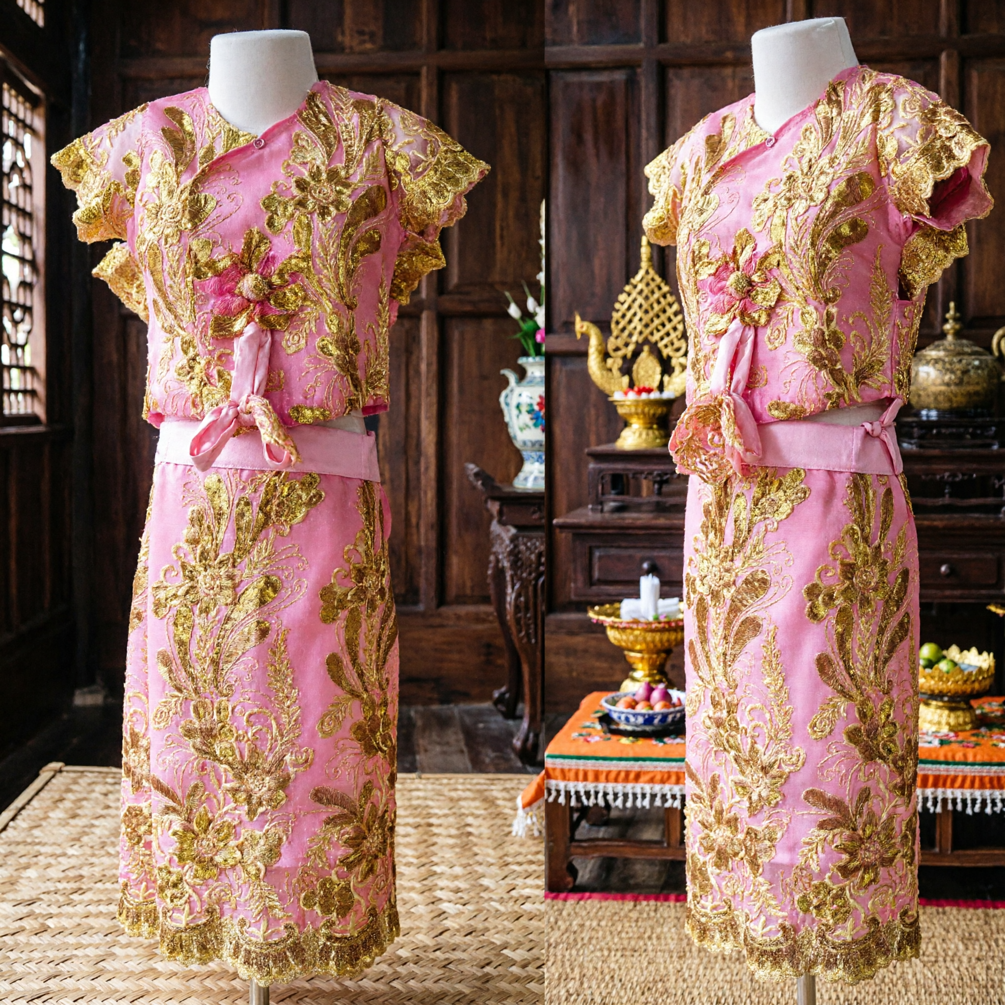 Women's Pink and Gold Embroidered Traditional Chinese Kebaya Costume Set for Dance Performance and Cultural Events - Asian Costume