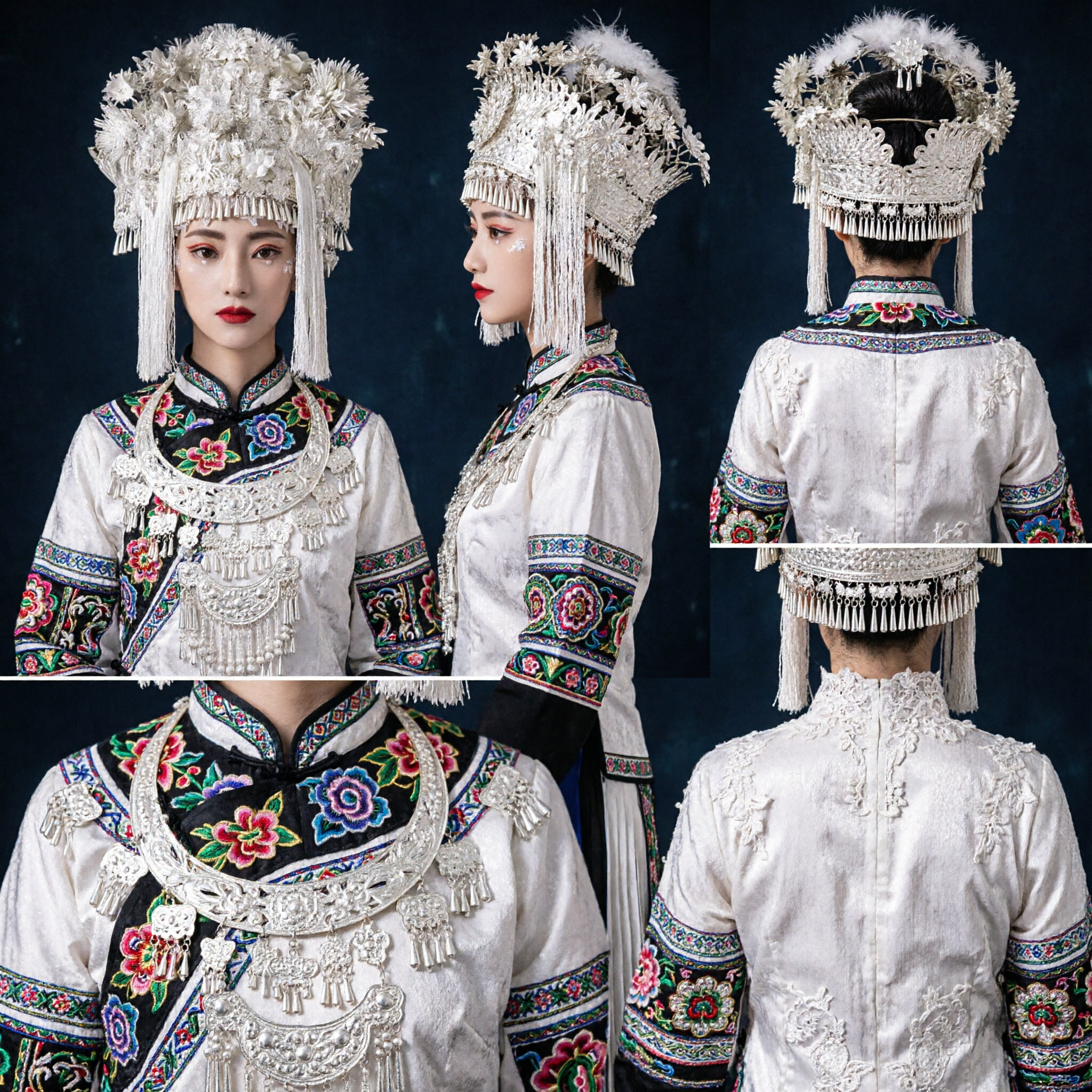 Traditional Chinese Miao Silver Headdress White Floral Bridal Crown Ethnic Wedding Costume Hair Accessories for Women - Asian Costume