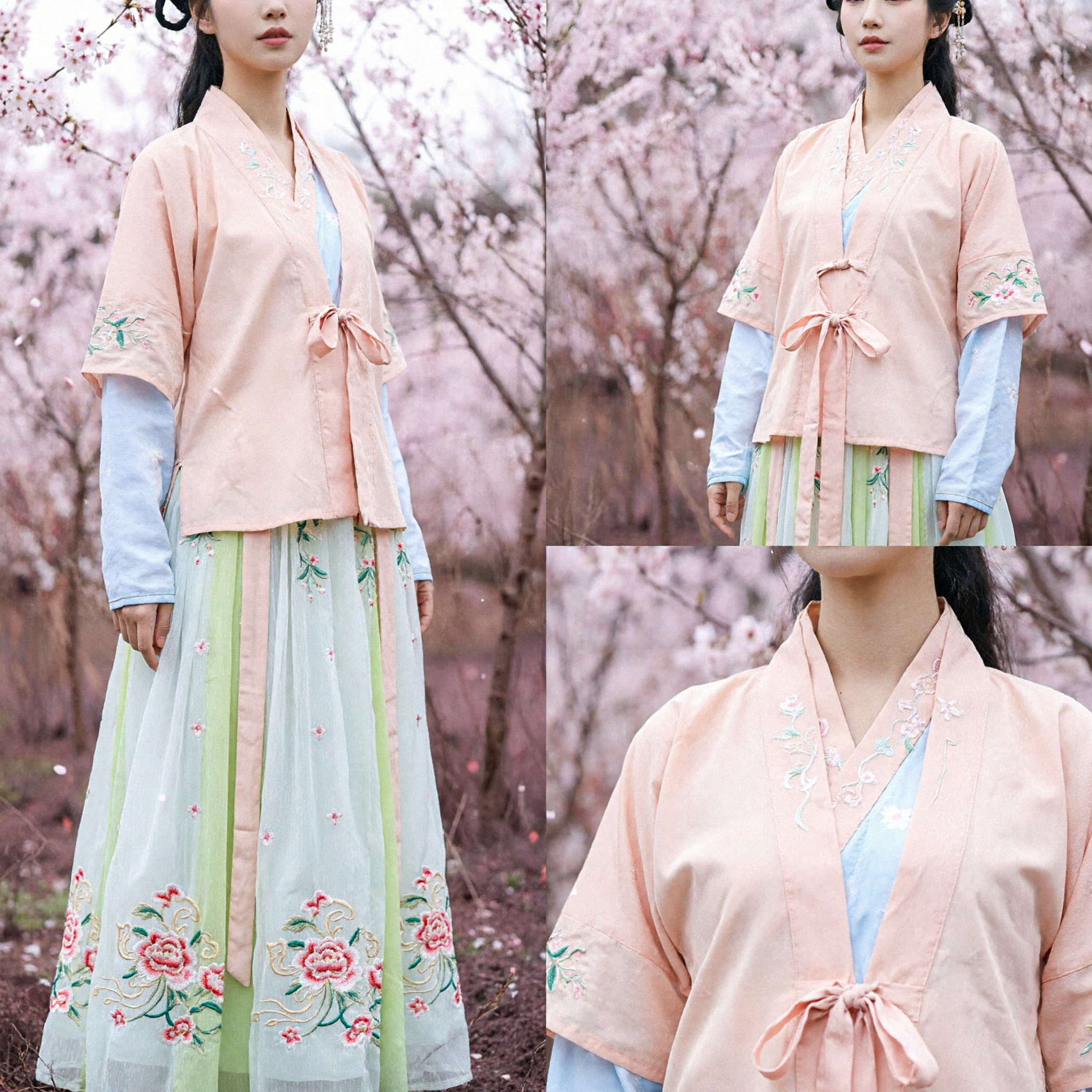 Traditional Chinese Hanfu Costume Women Ancient Fairy Dress Peach Embroidered Jacket and Green Floral Skirt - Asian Costume