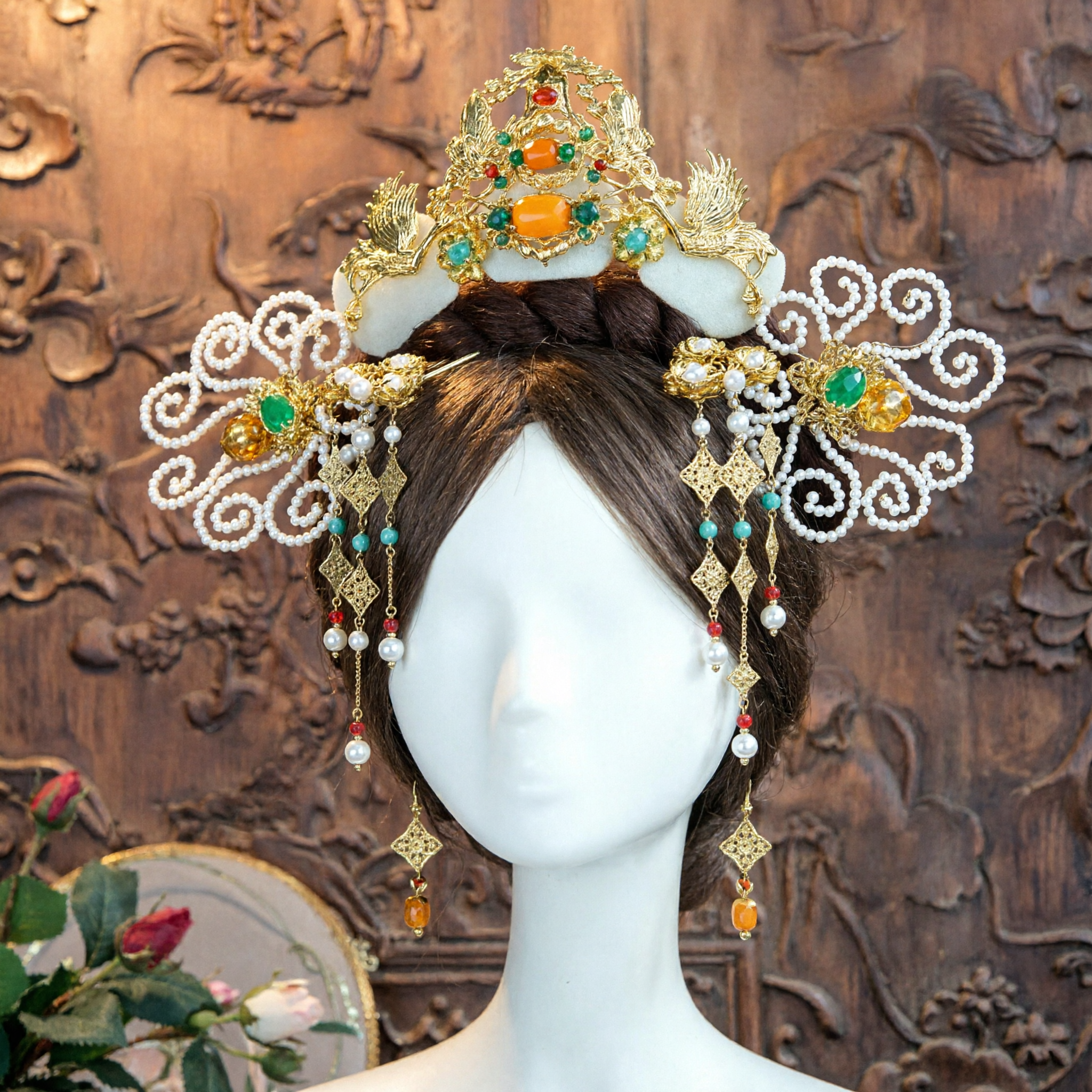 Traditional Chinese Ancient Style Phoenix Crown Hair Accessories Gold Pearl Tassel Headpiece for Hanfu Wedding Bridal Women - Asian Costume