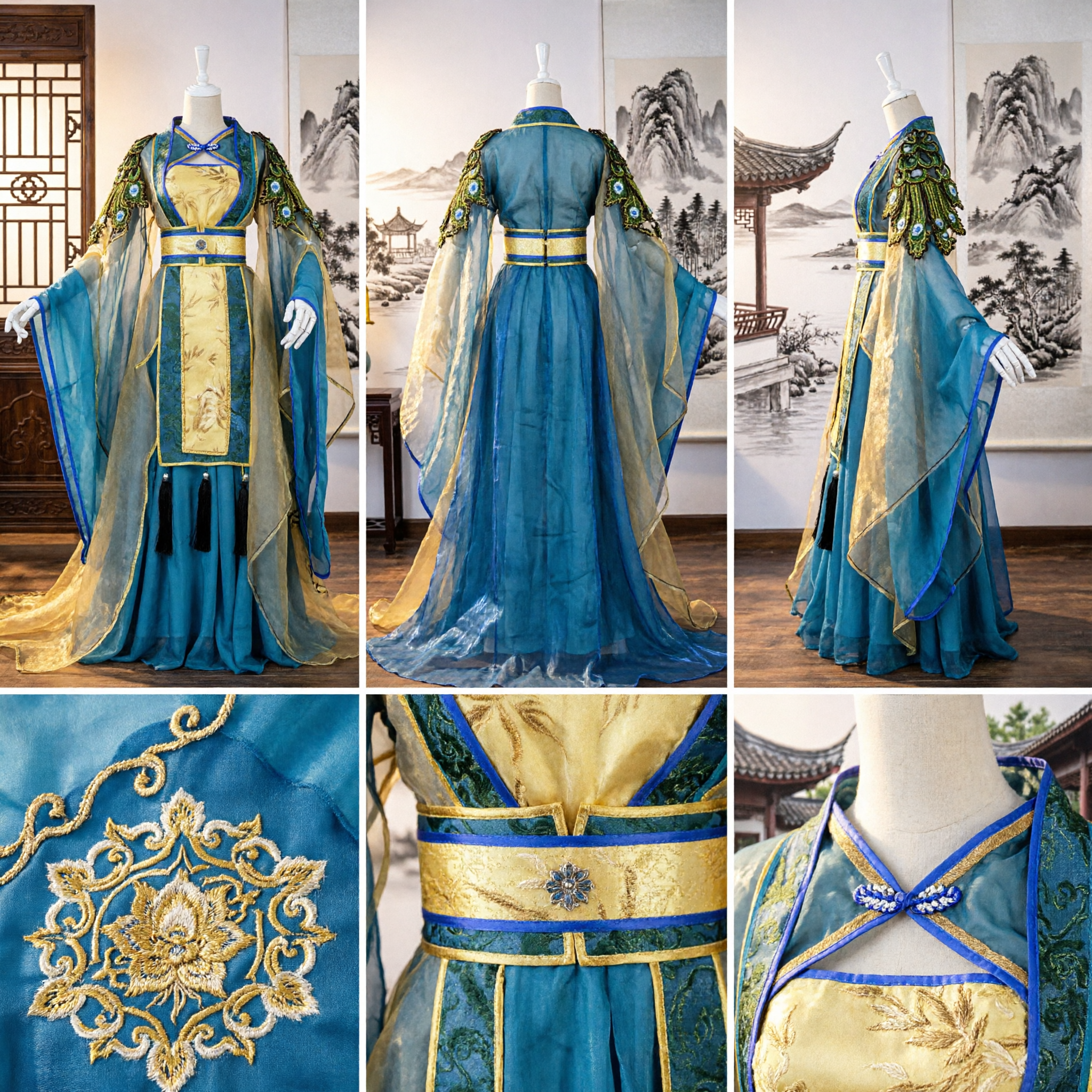 Traditional Chinese Ancient Palace Lady Hanfu Costume Blue Gold Peacock Embroidery Cosplay Dress for Women - Asian Costume