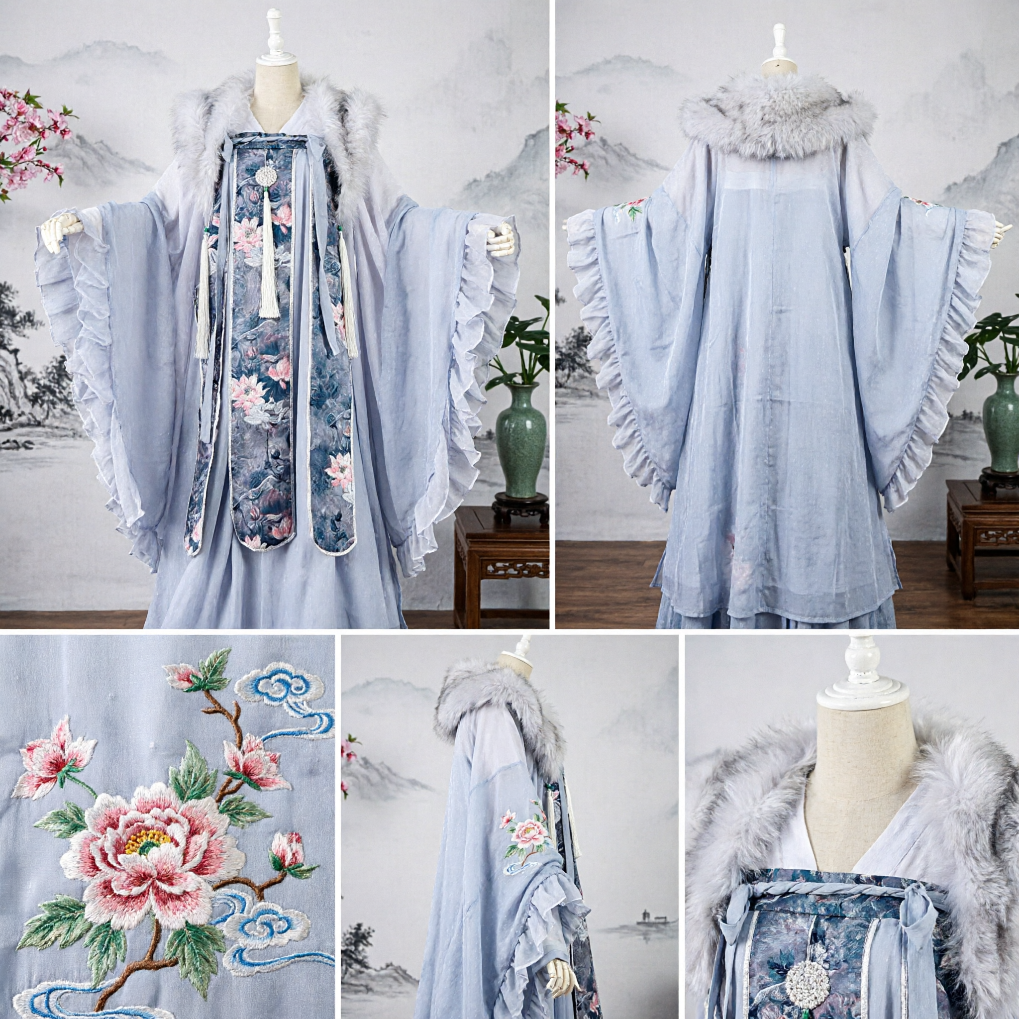 Elegant Purple Hanfu Traditional Chinese Ancient Costume with Floral Vest and White Fur Collar - Asian Costume