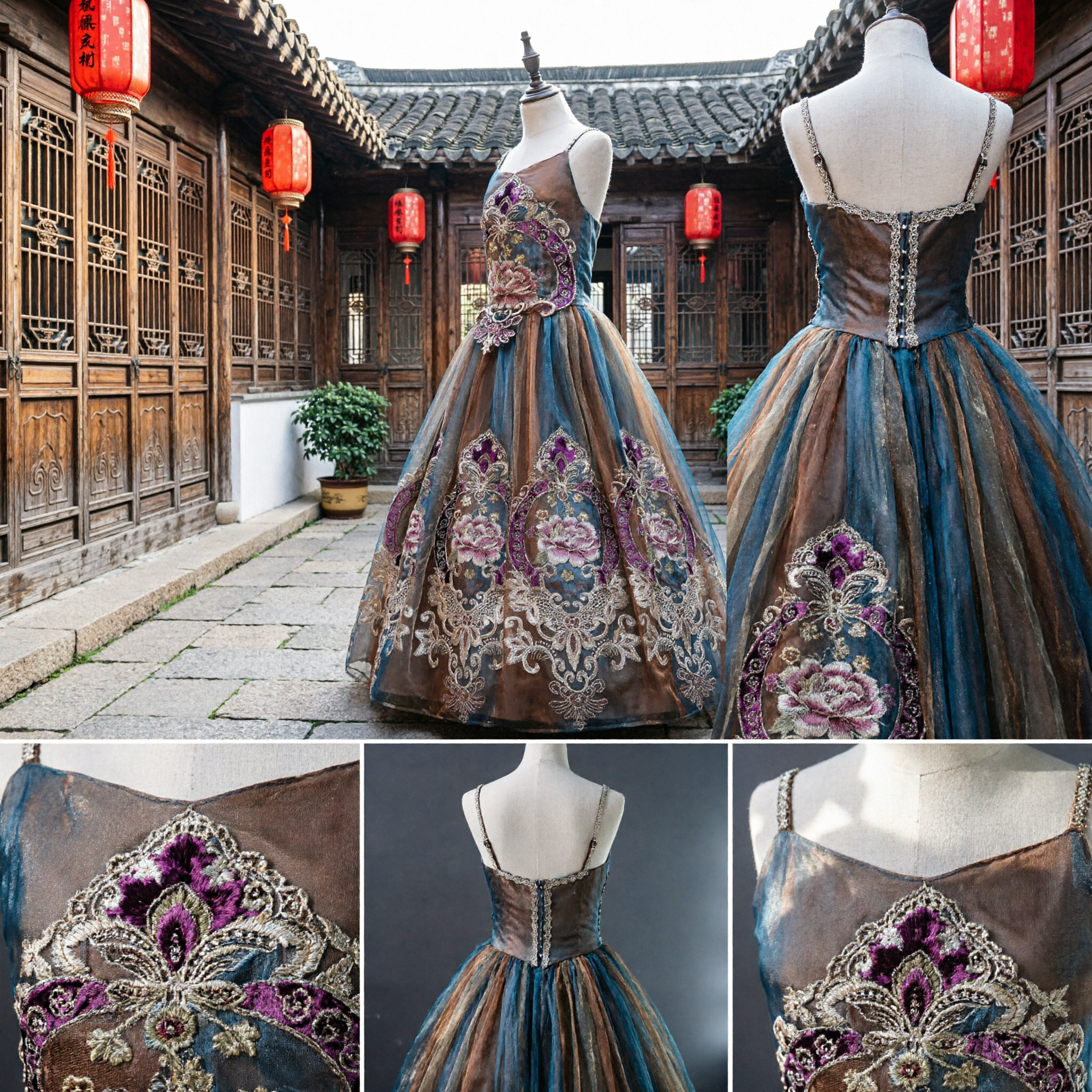 Luxury Bronze Embroidered Ball Gown Elegant Spaghetti Strap Evening Dress for Formal Prom and Gala Events - Asian Costume