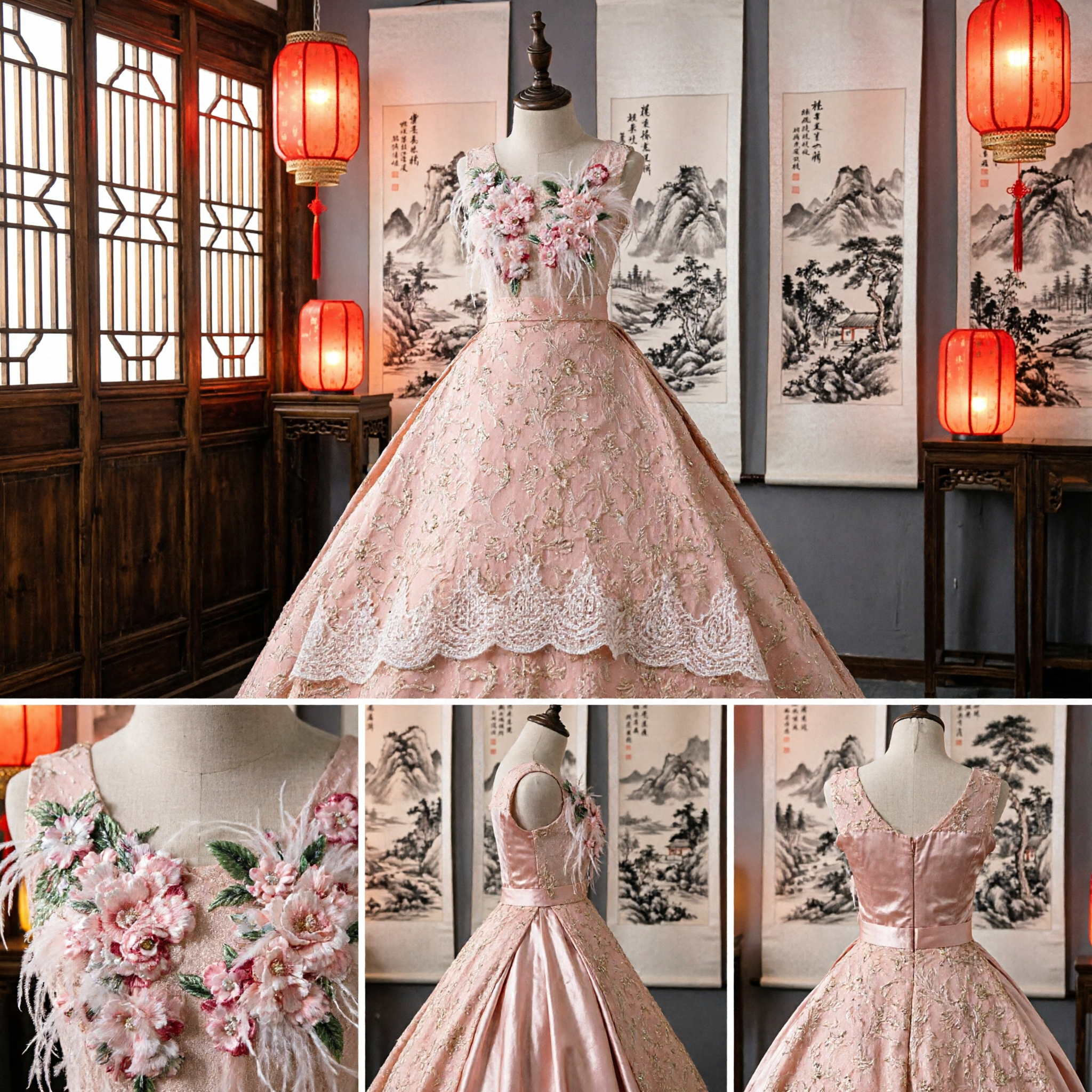 Luxury Pink Floral Embroidered Ball Gown with Feathers Elegant Evening Dress for Formal Occasions - Asian Costume
