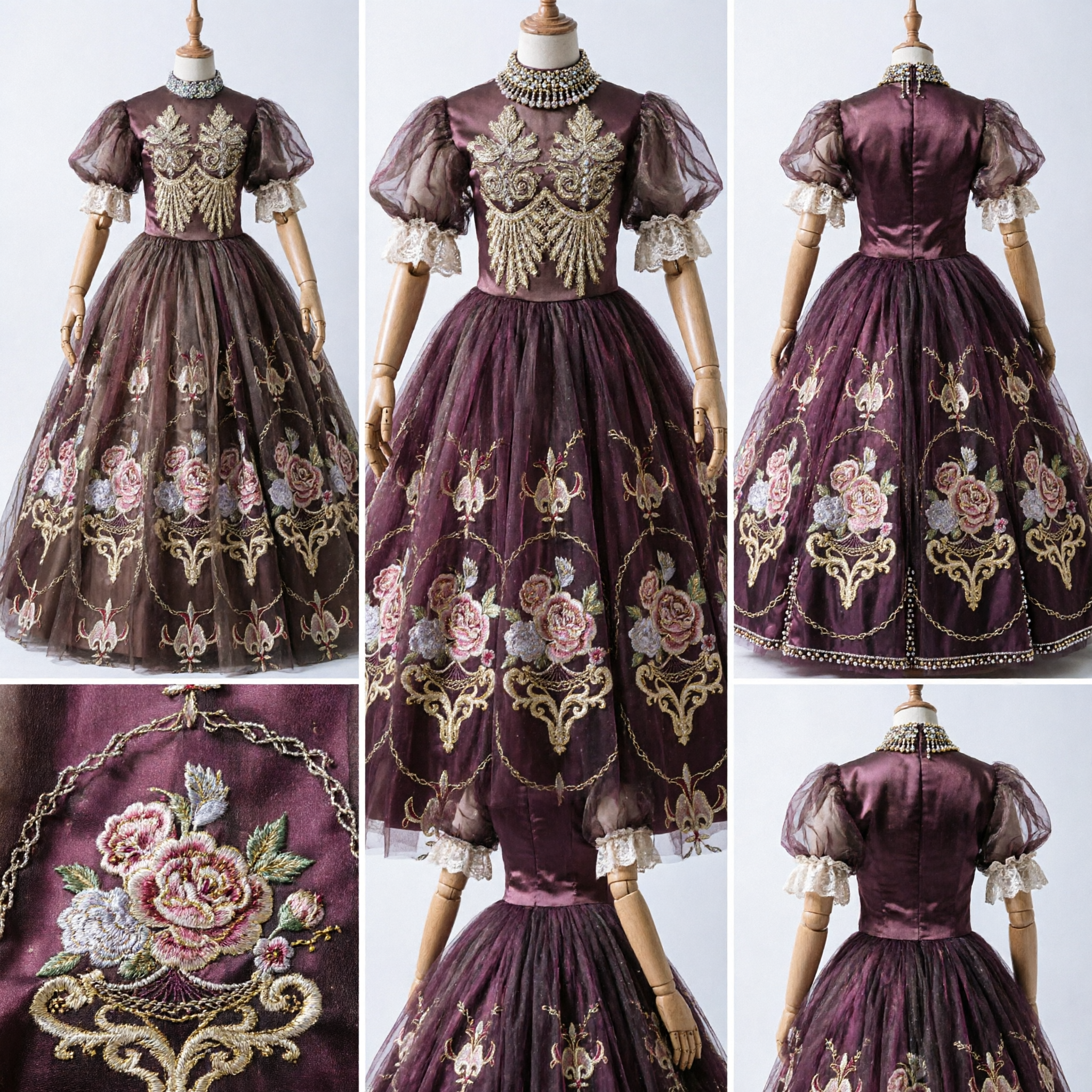 Elegant Victorian Era Ball Gown with Gold Embroidery and Puff Sleeves for Women Cosplay and Formal Events - Asian Costume