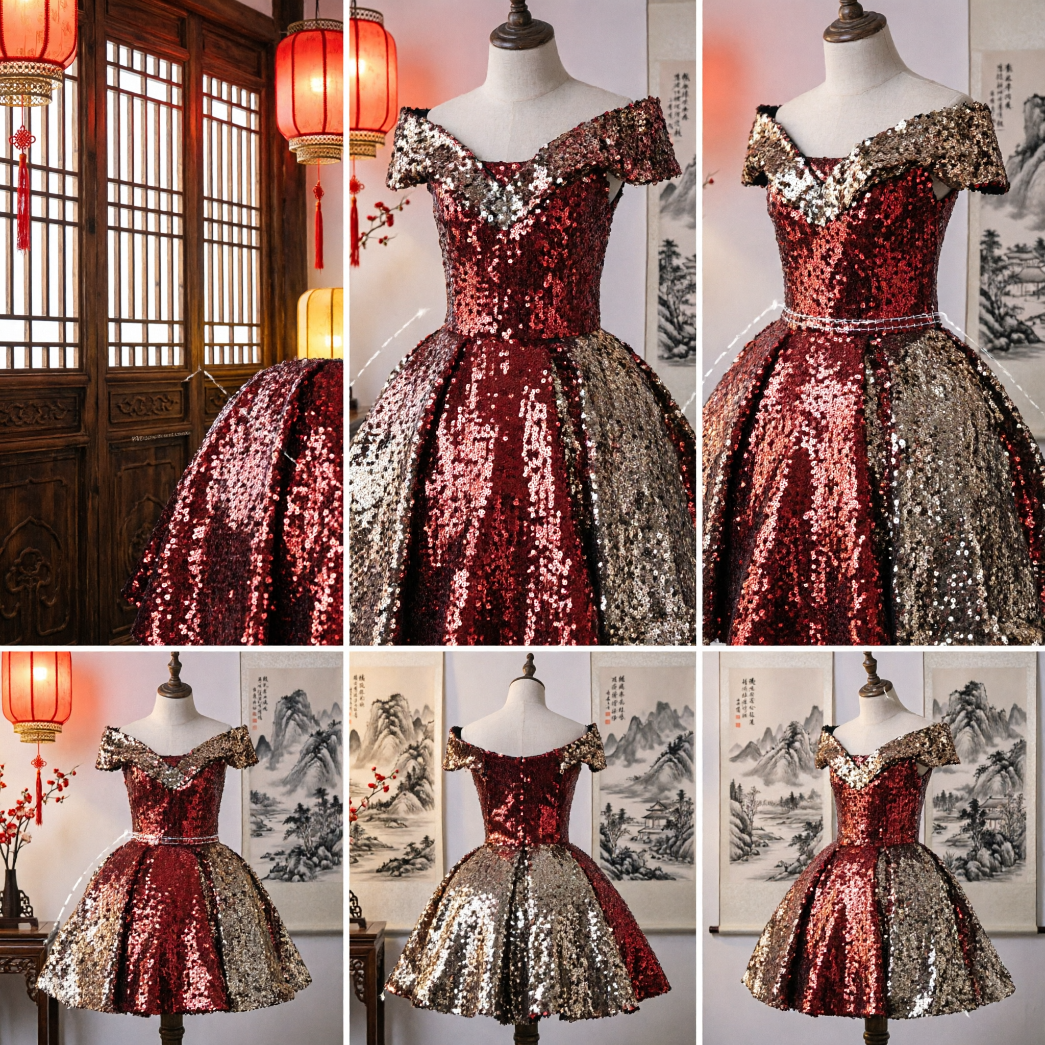 Red and Gold Sequin Off-Shoulder Short Ballgown Dress for Latin Dance Performance and Stage Shows - Asian Costume