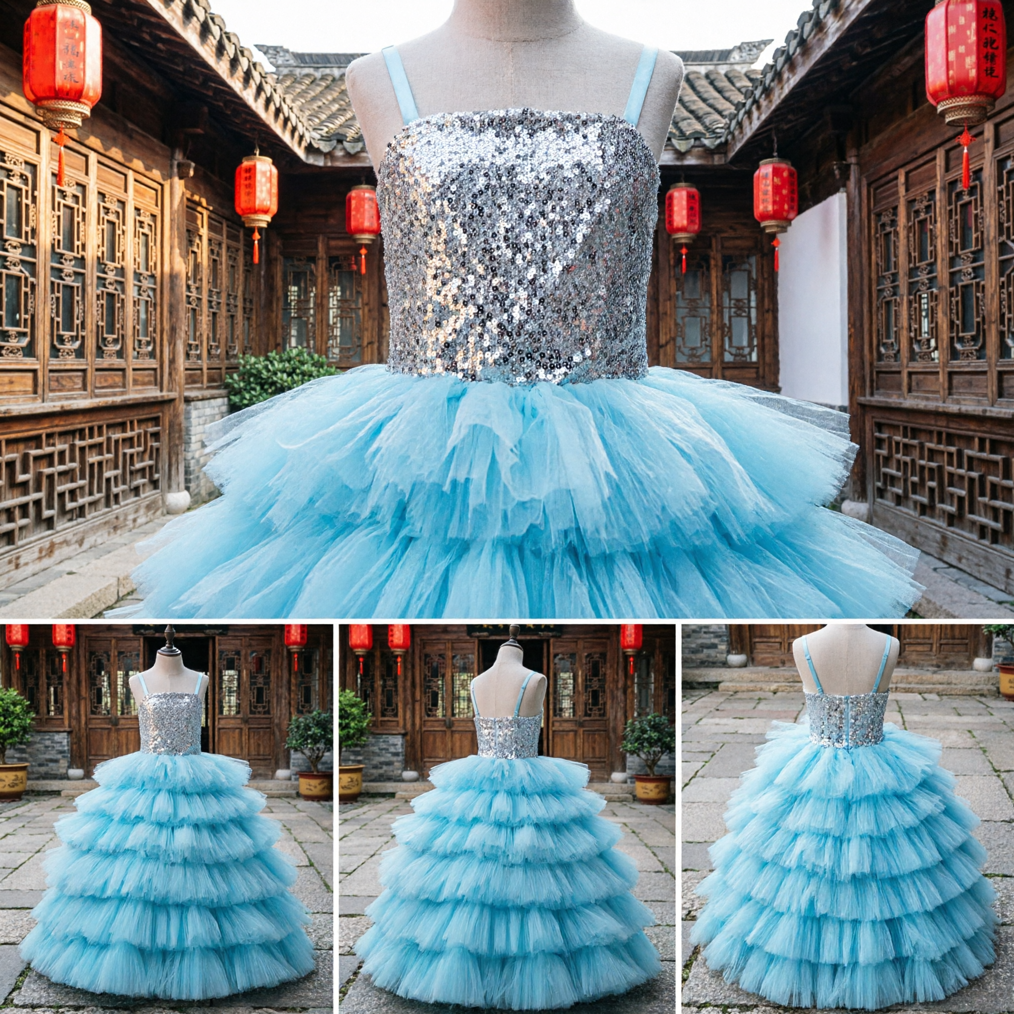 Girls Light Blue Sequin Bodice Tiered Tulle Ball Gown Dress for Flower Girl Pageant - Asian Costume