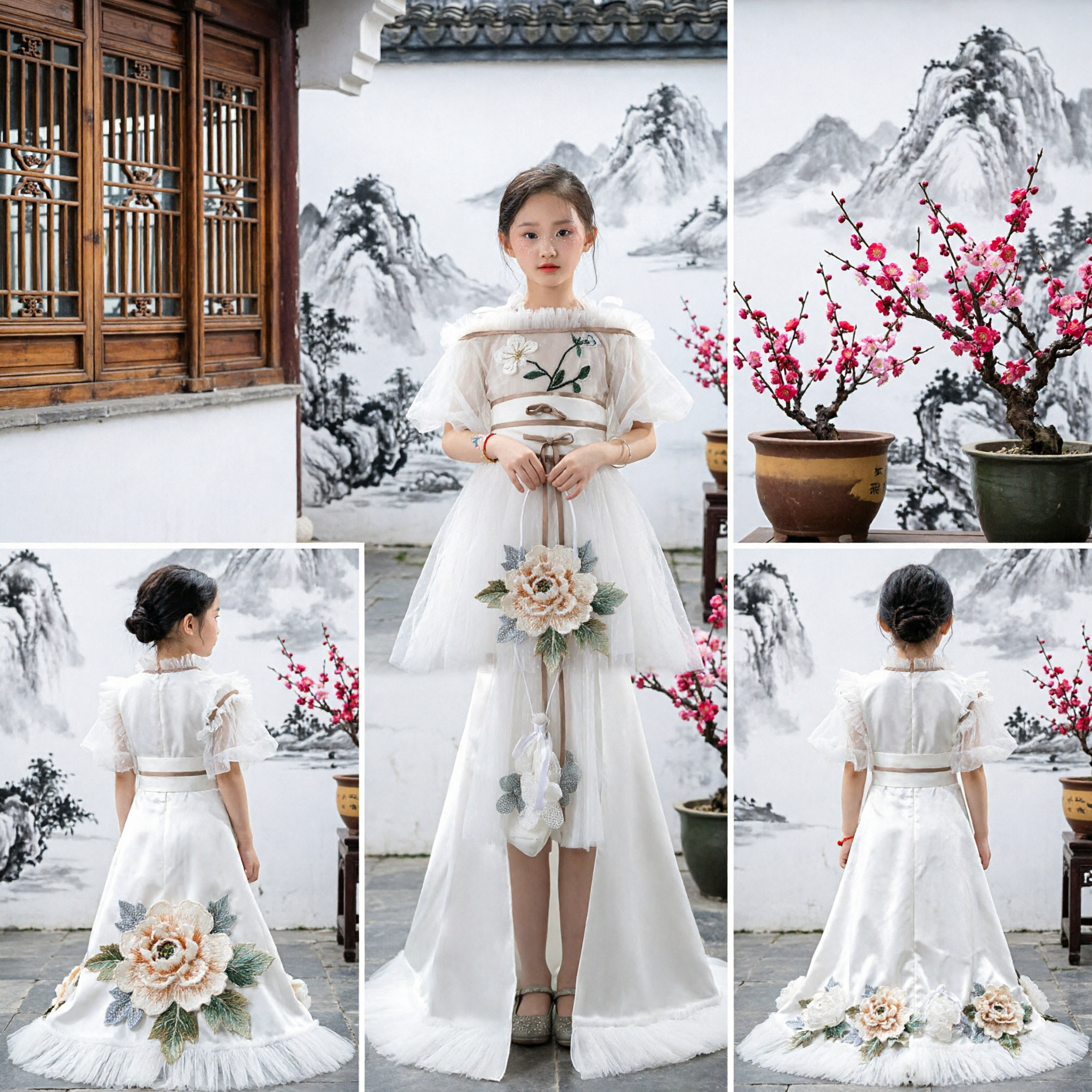 Traditional Chinese Hanfu Dress for Girls White Embroidered Fairy Costume with Fur Trim for Kids Performance - Asian Costume