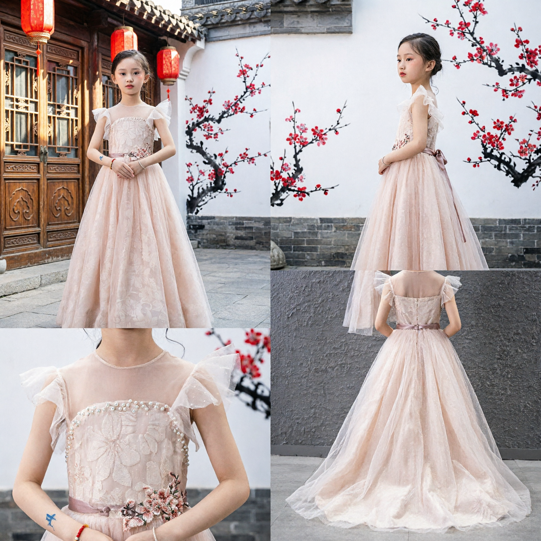 Elegant Champagne Pink Long Tulle Girls Dress Floral Applique Flower Girl Gown for Wedding Pageant Party - Asian Costume