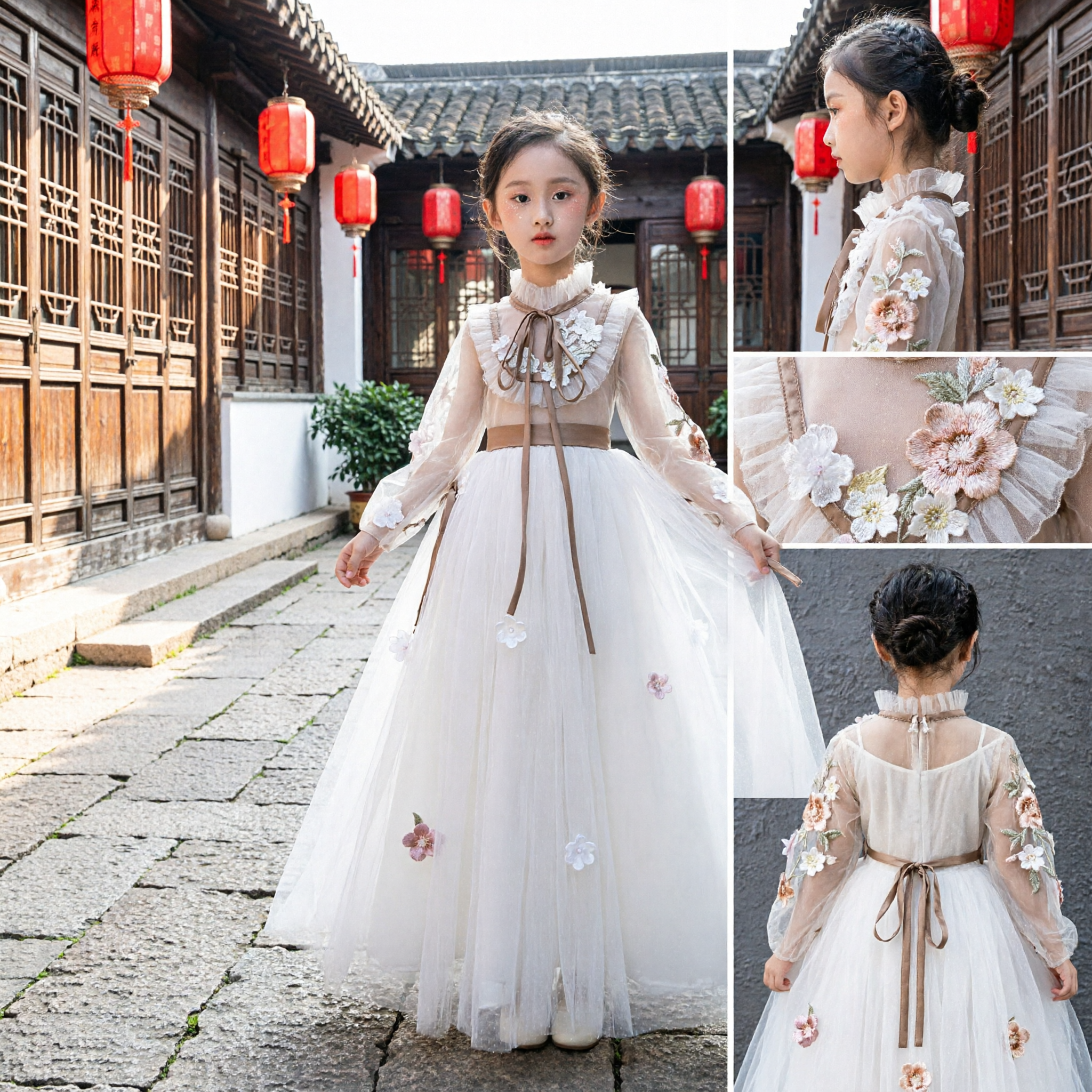 Elegant Girls Long Sleeve Tulle Ball Gown Flower Girl Dress for Wedding Party Pageant - Asian Costume