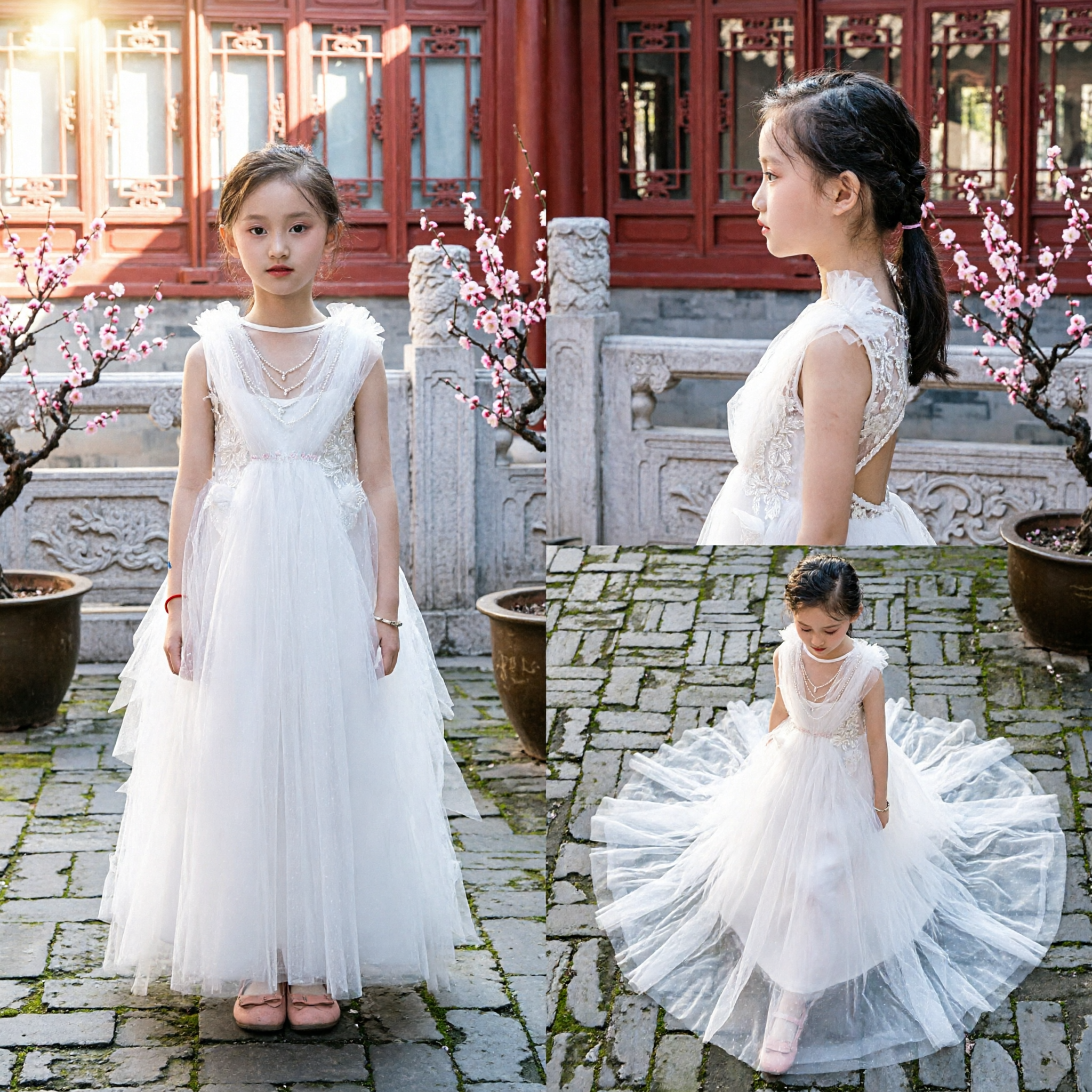 Elegant White Tulle Long Dress for Girls Flower Girl Wedding Party First Communion Gown Sleeveless Princess Style - Asian Costume