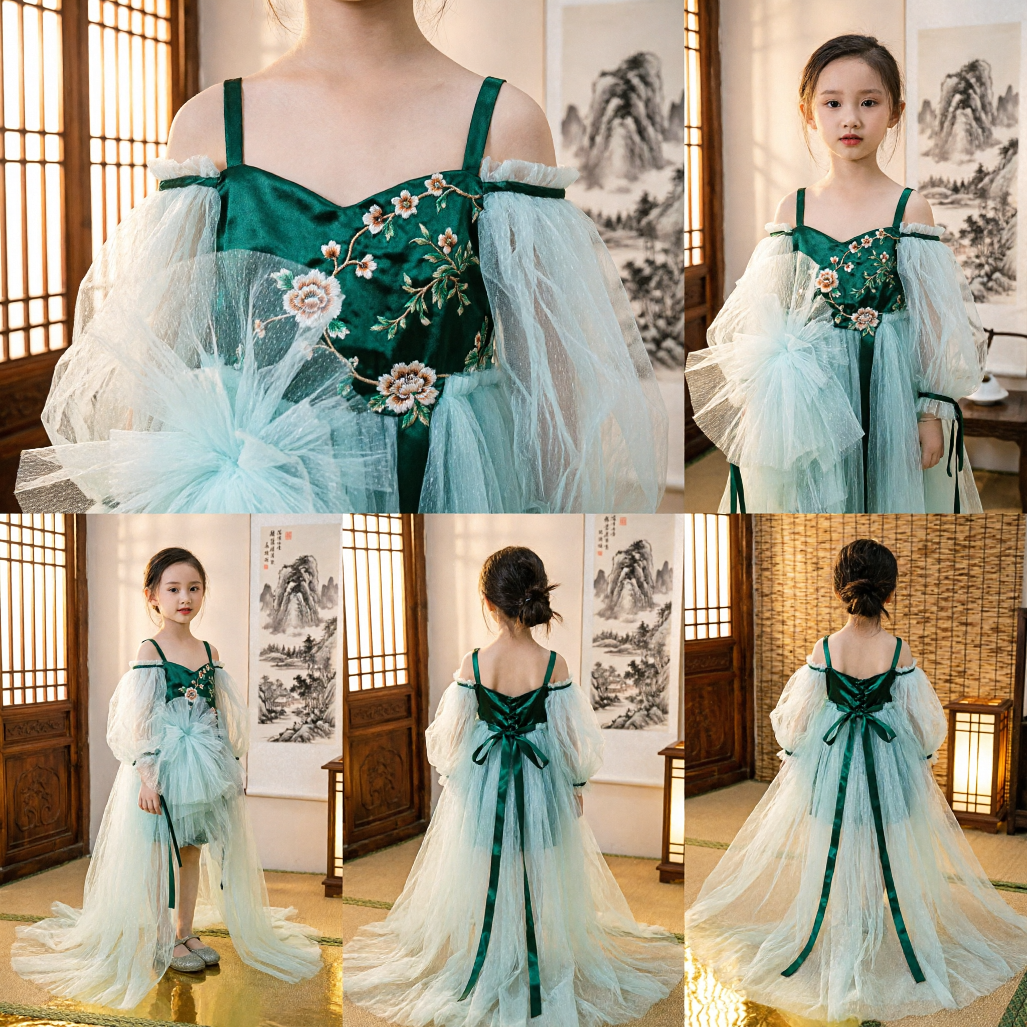 Girls Elegant Green Tulle Princess Dress for Stage Performance Formal Party Gown with Sequins - Asian Costume