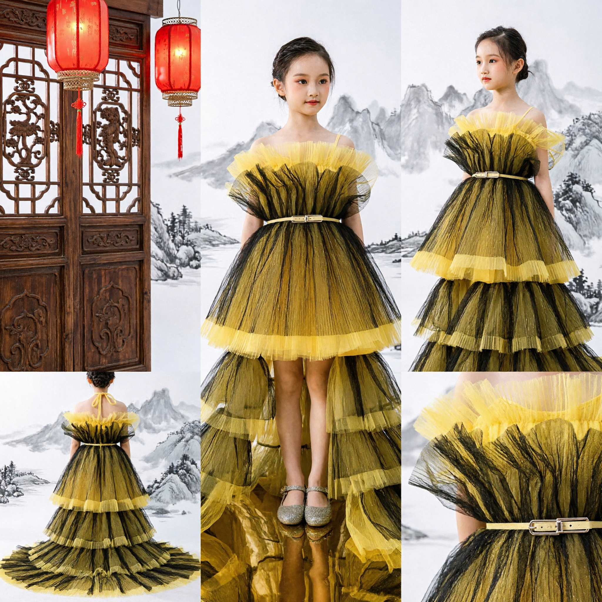 Kids Gold Tulle Stage Performance Dress Off-Shoulder Fishtail Gown Girls Pageant Host Costume - Asian Costume