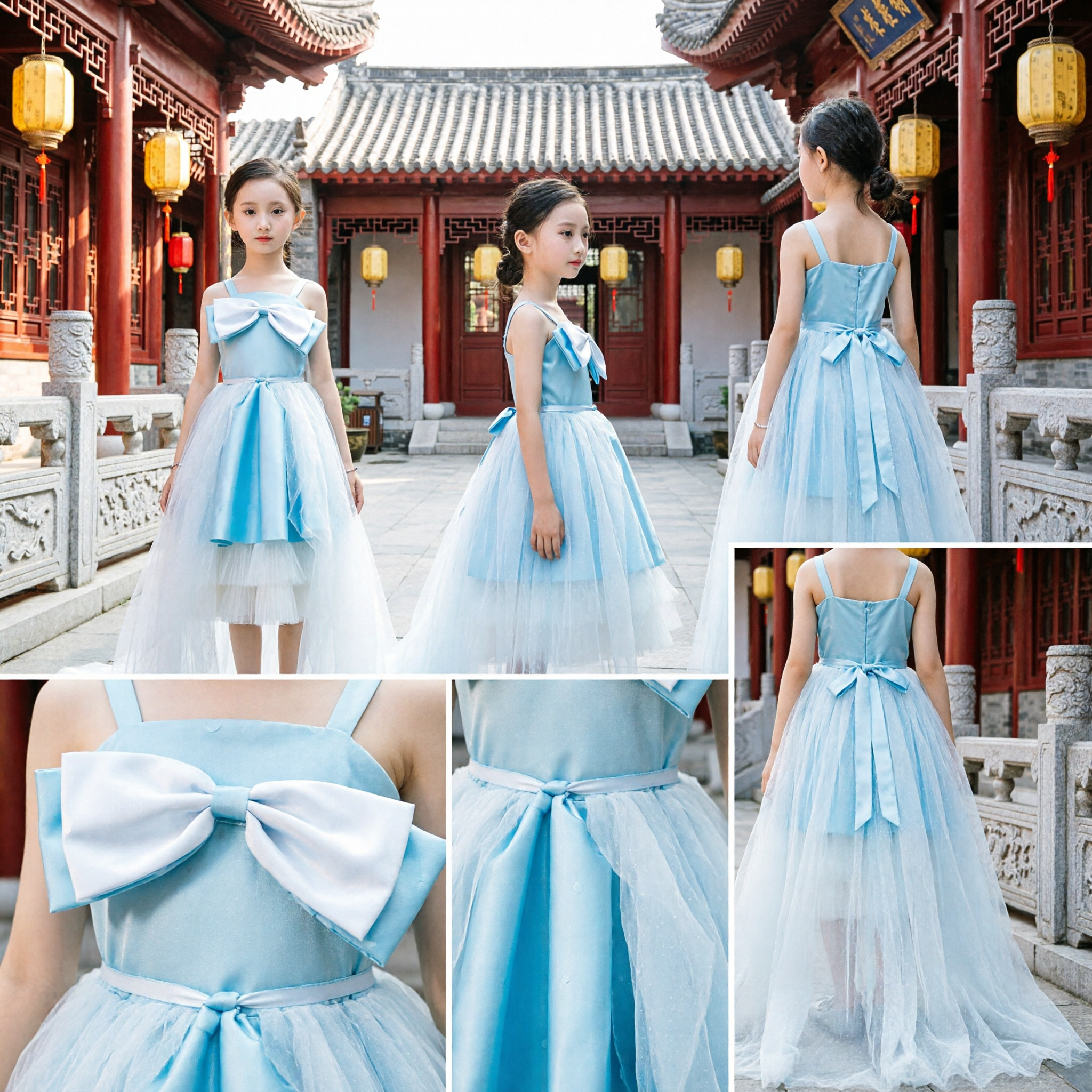 Elegant Light Blue Flower Girl Dress with Large Bow and White Tulle Long Train for Weddings - Asian Costume