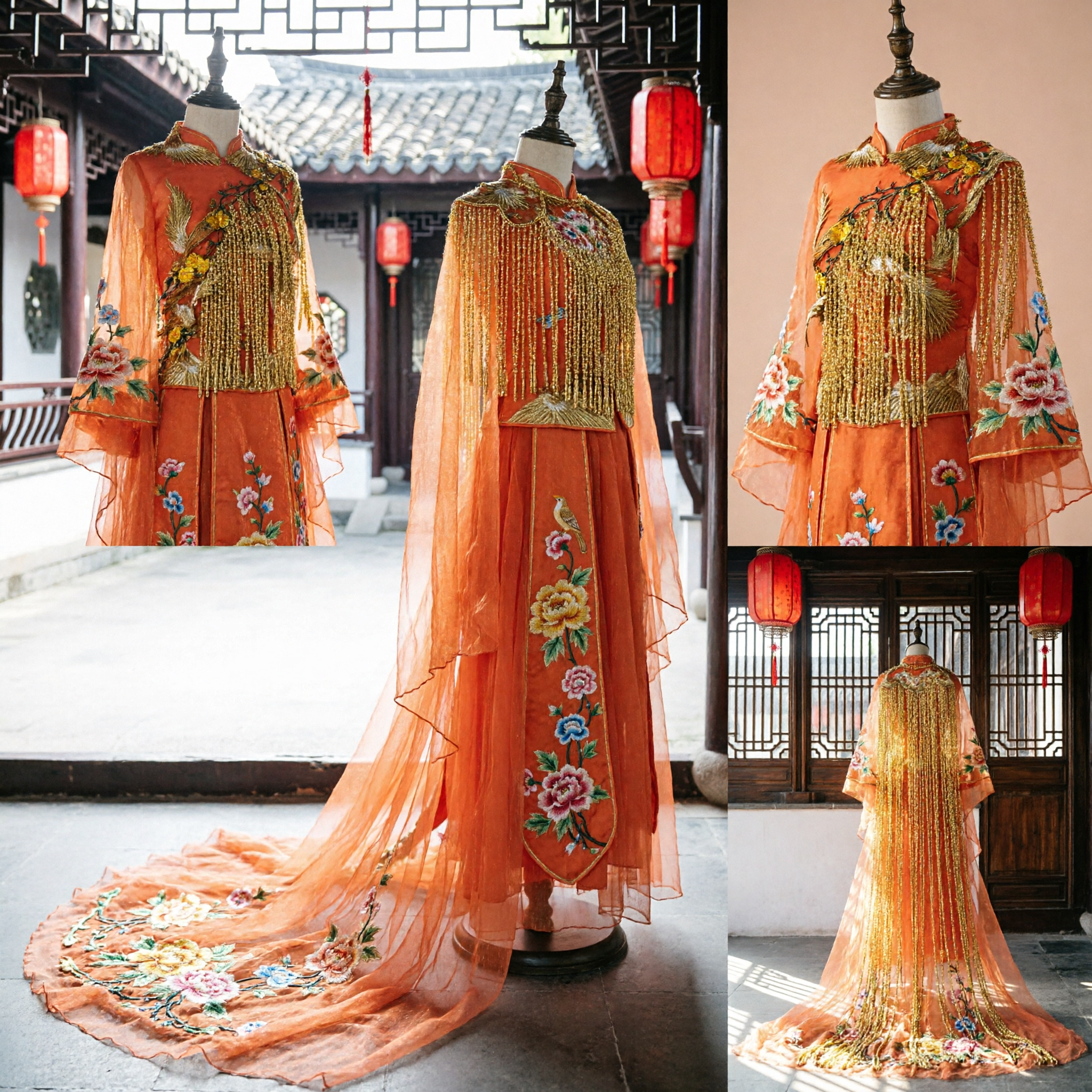 Traditional Chinese Phoenix Dance Costume Orange Dress with Gold Beaded Fringe for Women Stage Performance - Asian Costume