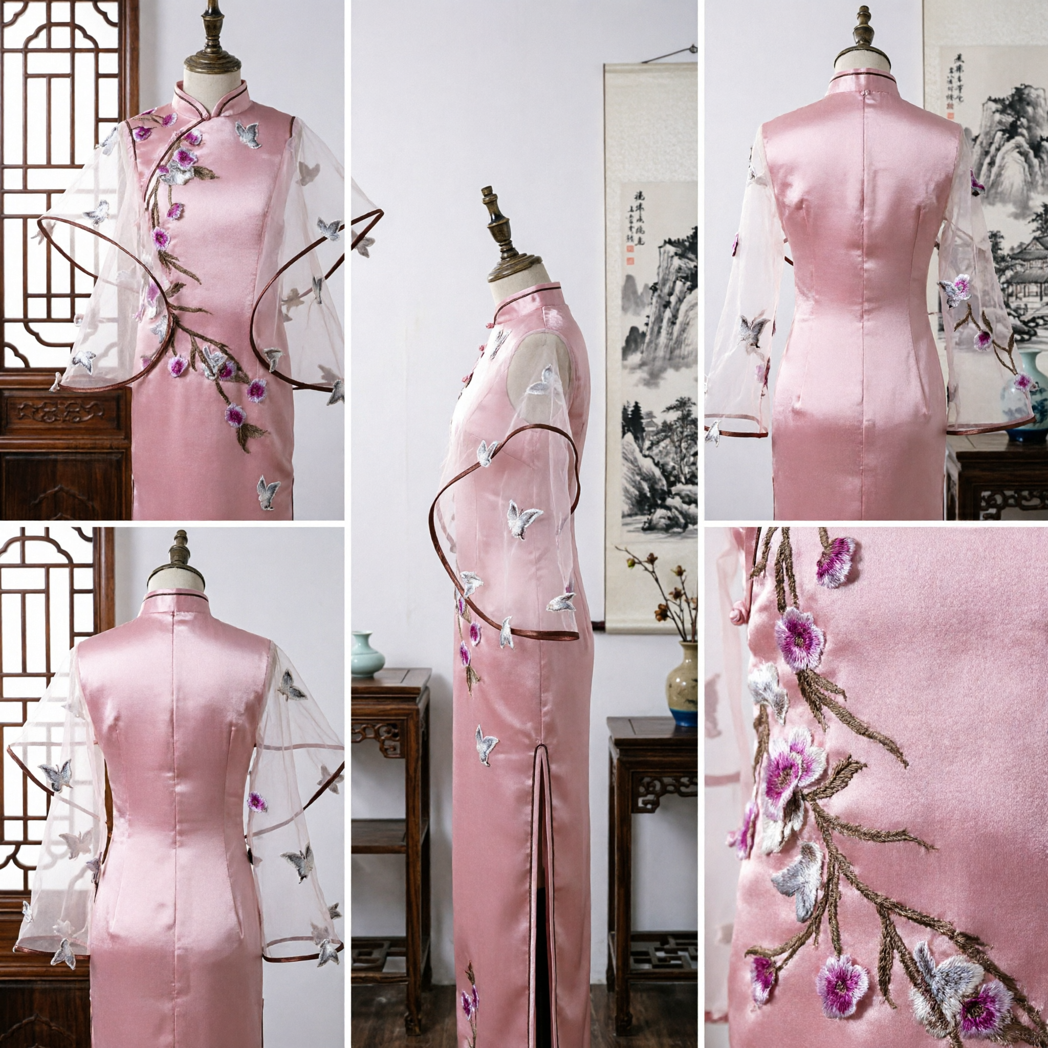Elegant Pink Embroidered Cheongsam with Butterfly Wing Sleeves Modern Chinese Qipao Evening Gown for Women - Asian Costume