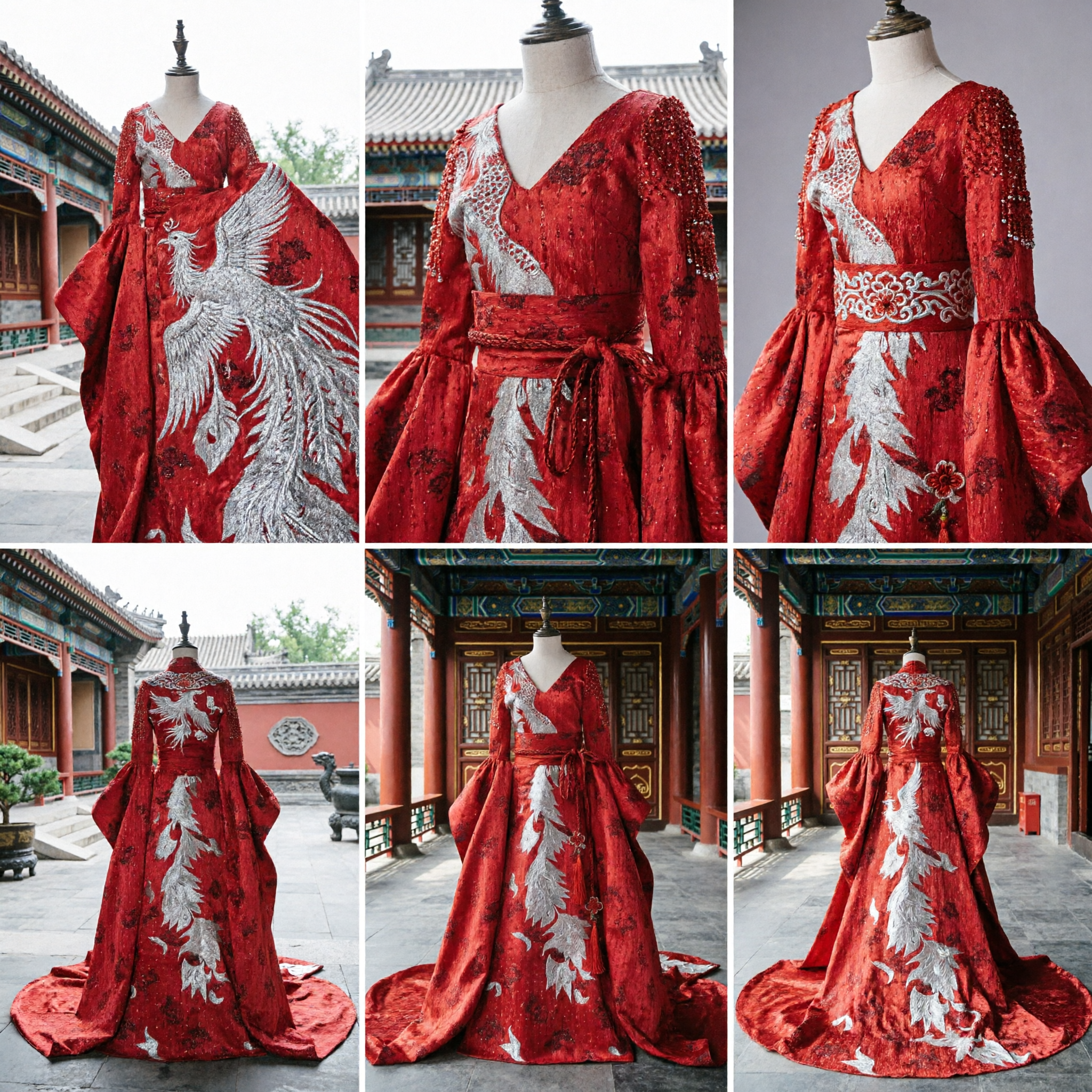 Women's Red Traditional Chinese Hanfu Dress with Silver Dragon Embroidery Ancient Wedding Costume Outfit - Asian Costume