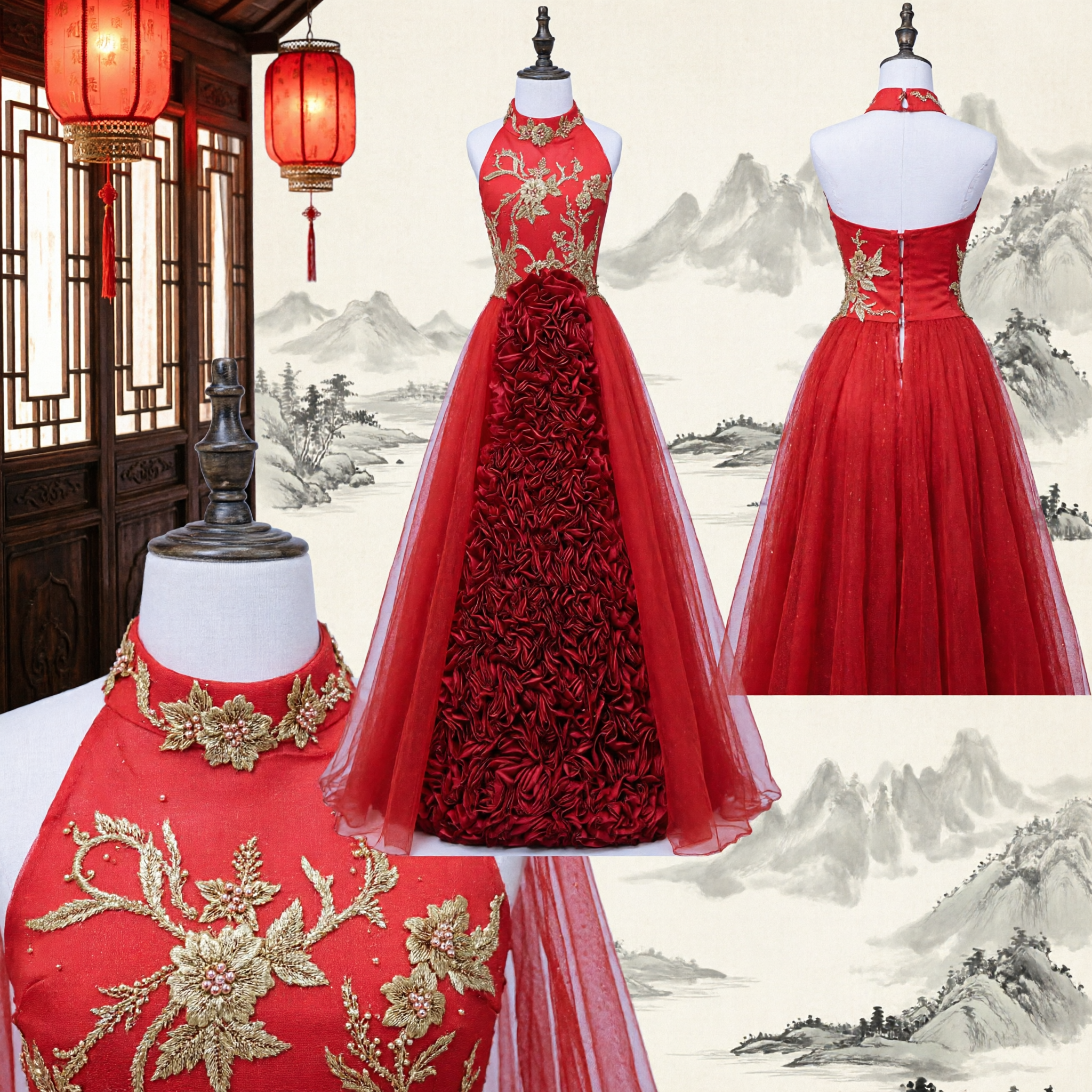 Elegant Red Chinese Wedding Toast Dress Gold Embroidered Halter Gown with Rosette Skirt for Banquet - Asian Costume