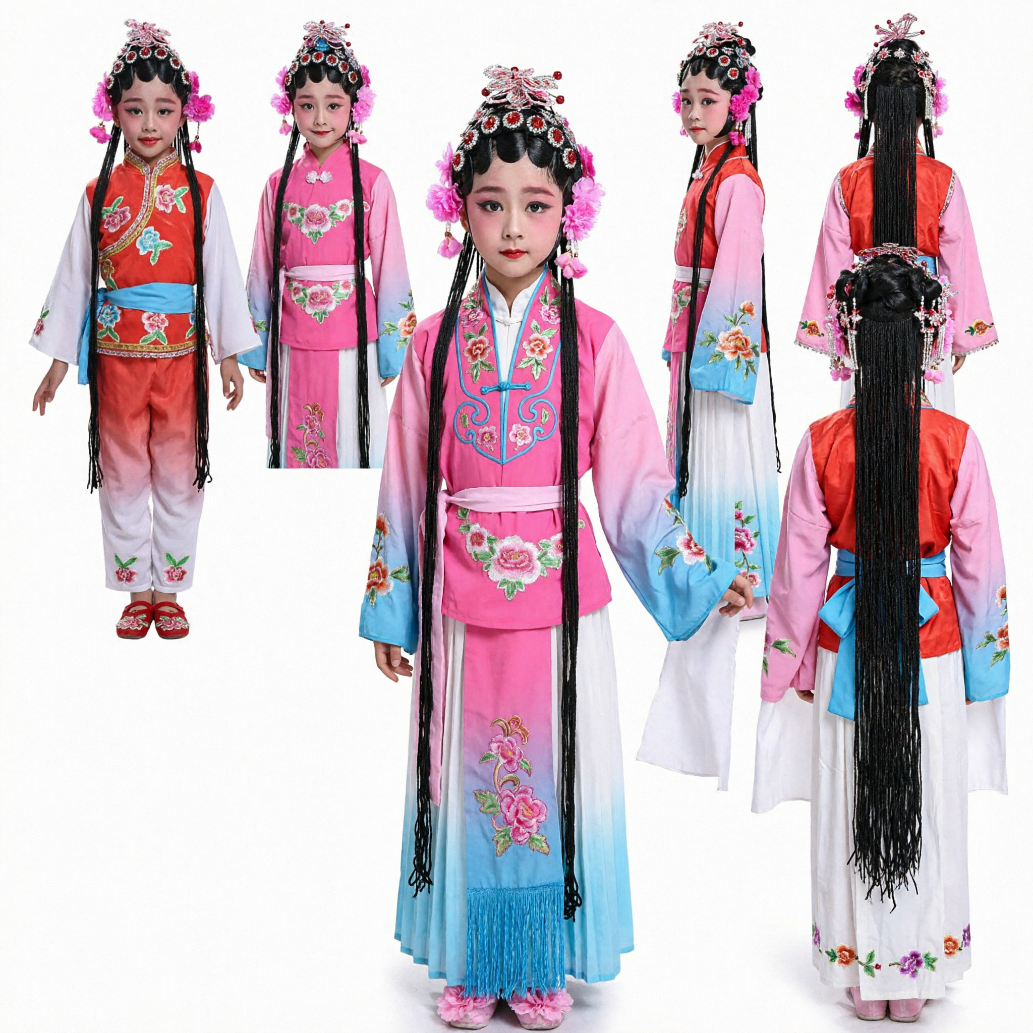 Kids Chinese Opera Costume Girls Traditional Stage Performance Dance Outfit Embroidered Folk Dress with Headpiece - Asian Costume