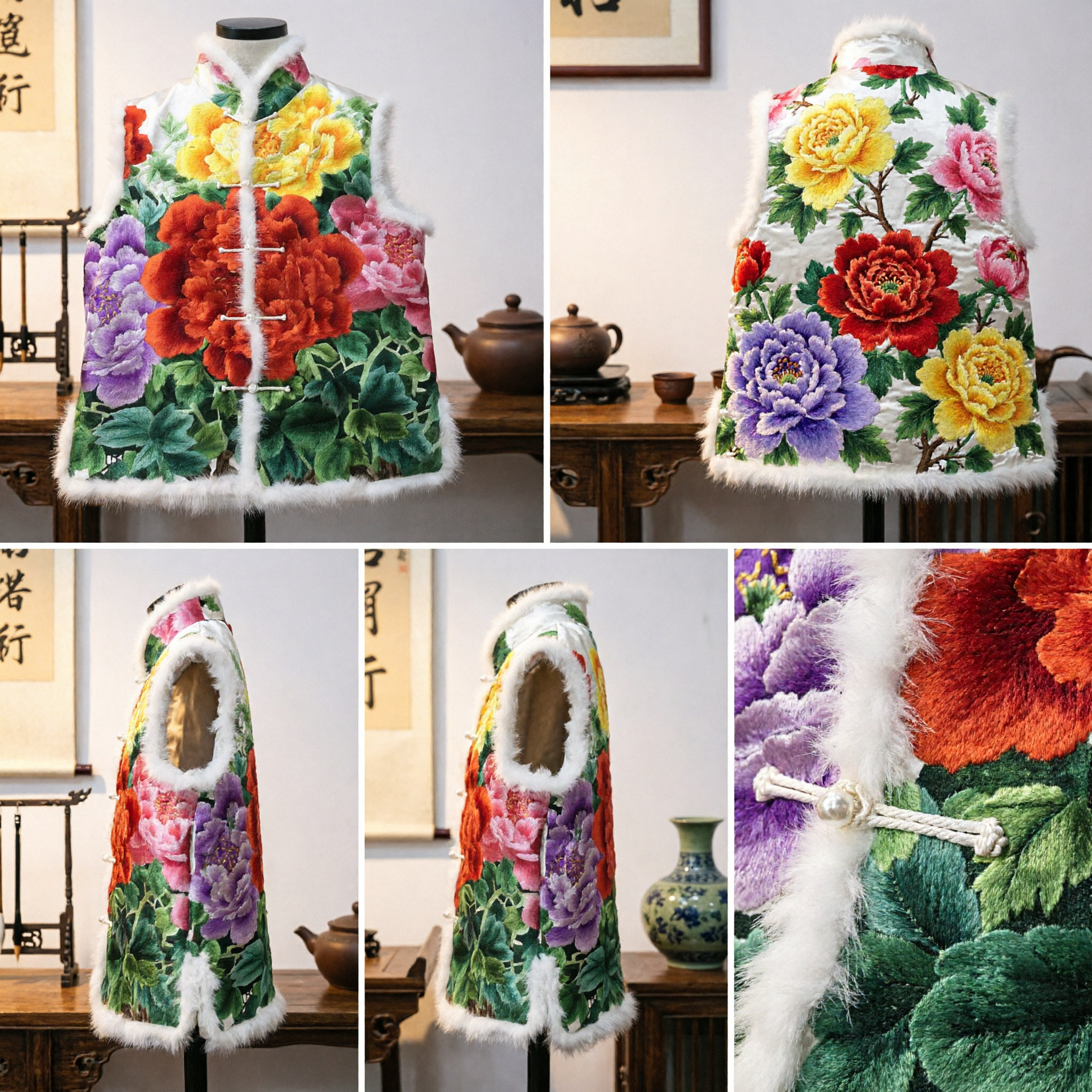 Chinese Traditional Peony Floral Print Fur Trimmed Padded Vest Tang Suit Winter Waistcoat for Women - Asian Costume