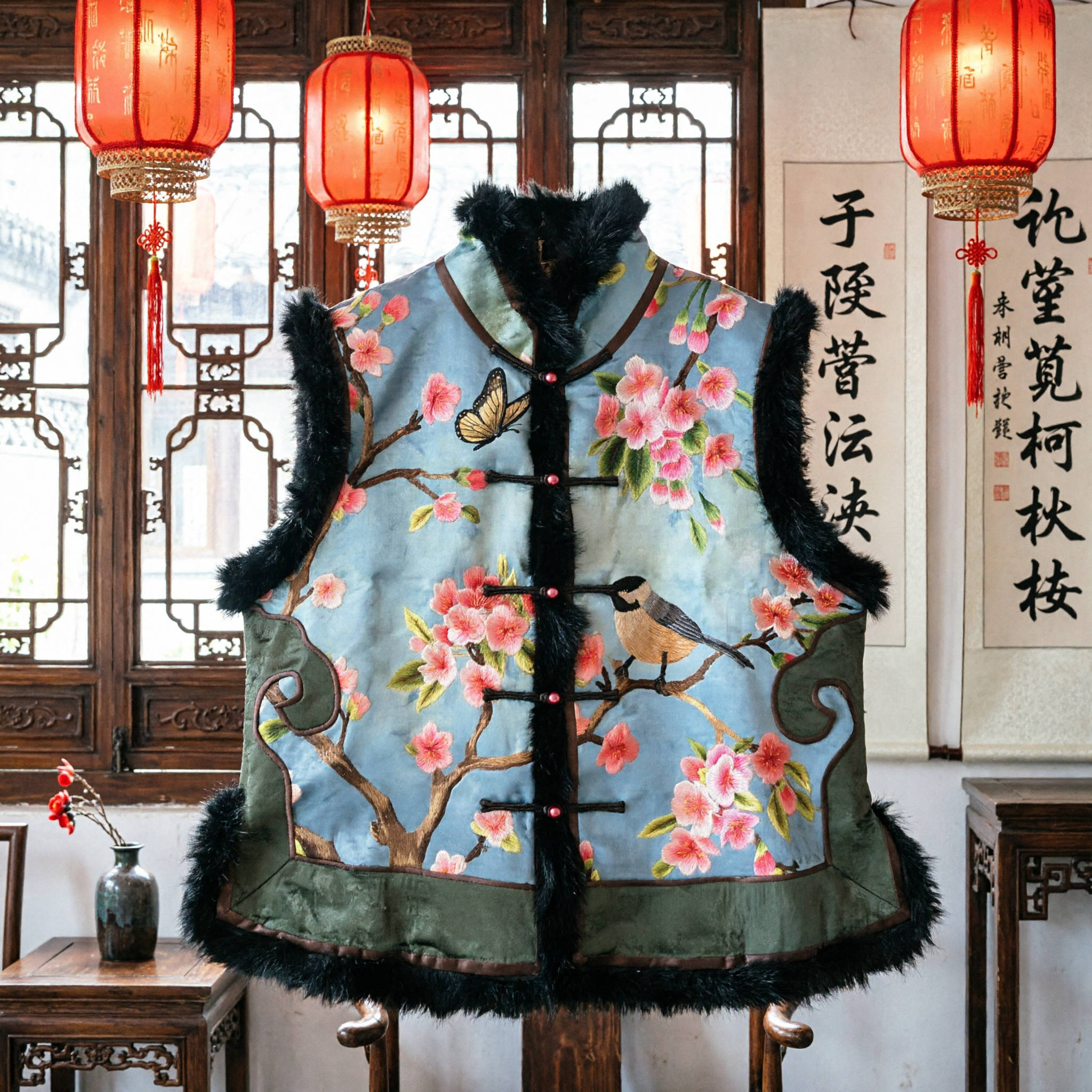 Traditional Chinese Embroidered Silk Vest Women Tang Suit Floral Bird Pattern Fur Trim Winter Warm Waistcoat - Asian Costume