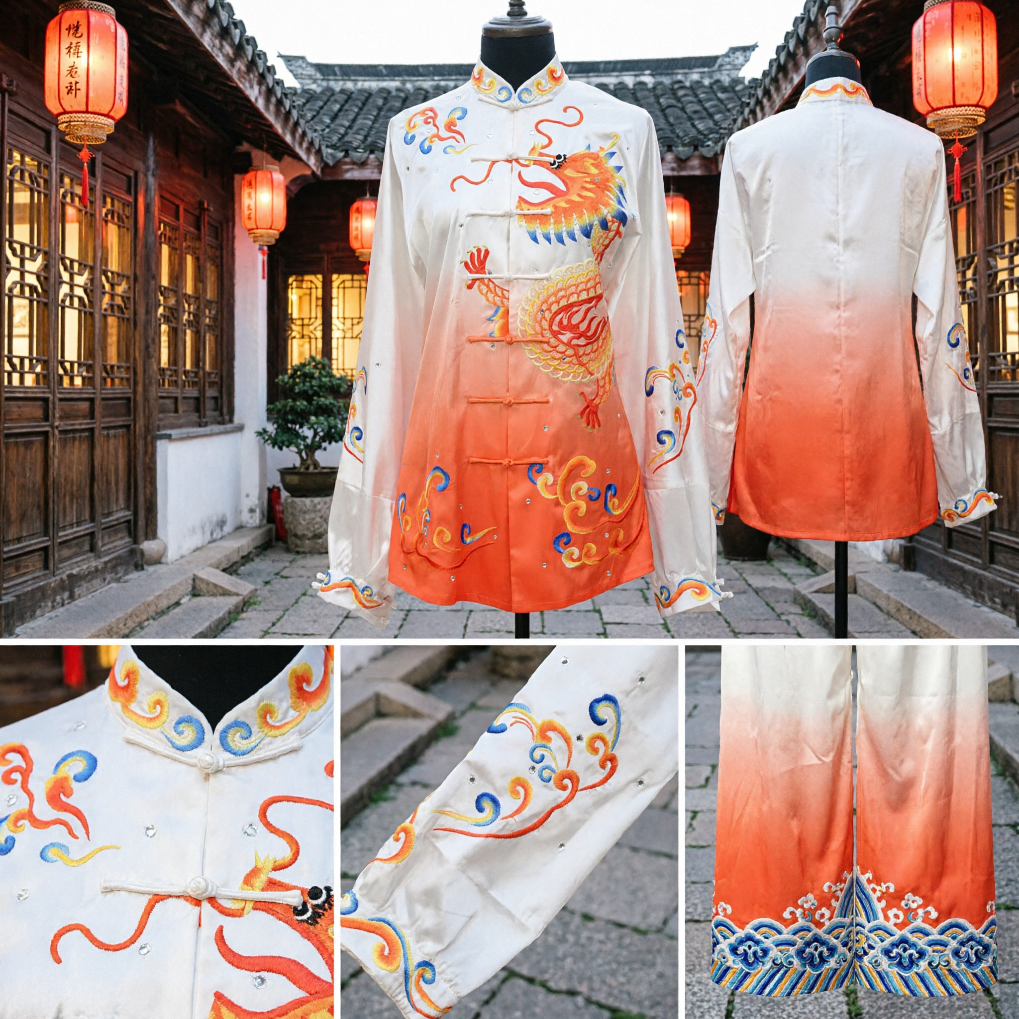 Traditional Chinese Kung Fu Uniform Dragon Embroidery Satin Tai Chi Suit Orange Ombre Martial Arts Costume - Asian Costume