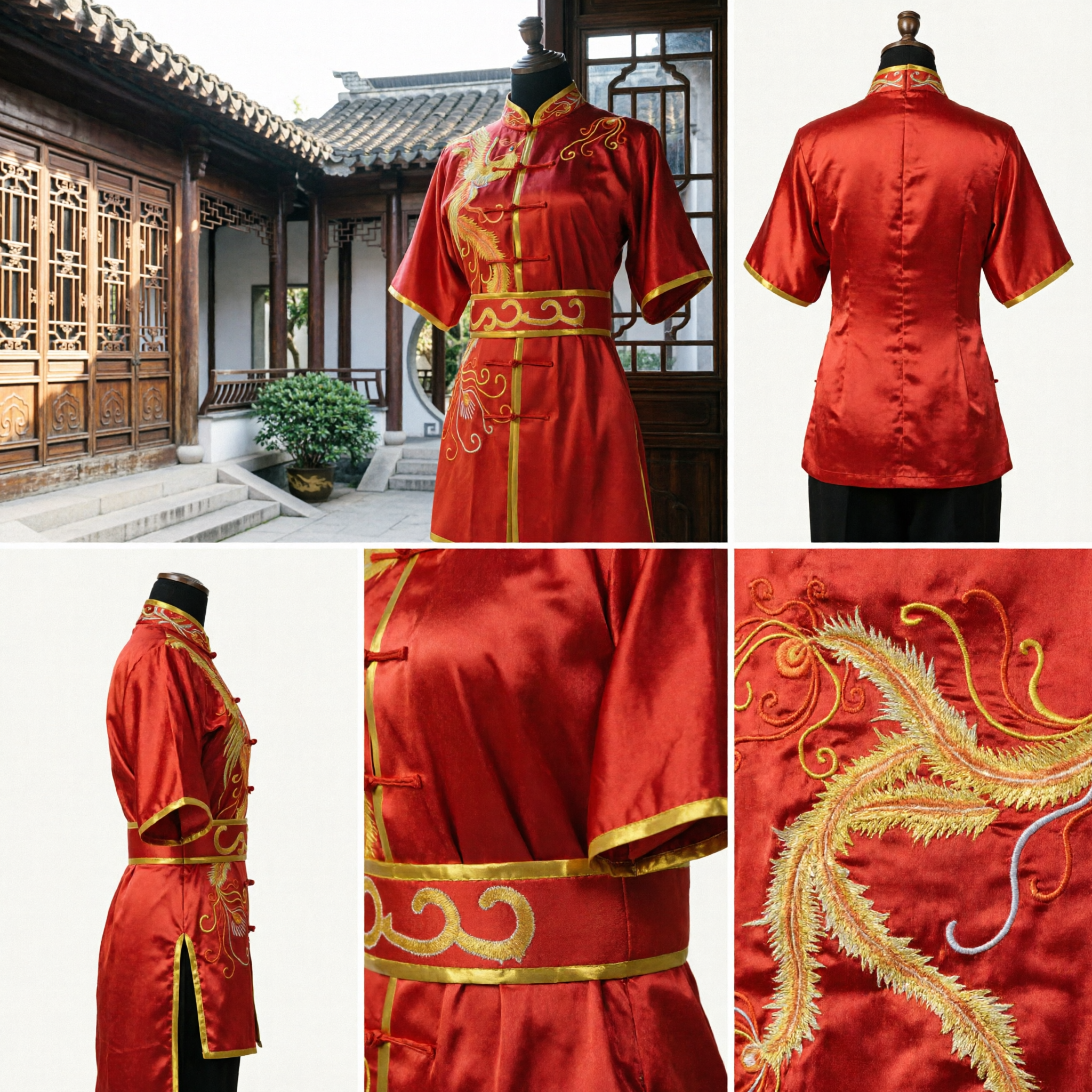 Red Chinese Dragon Phoenix Embroidery Kung Fu Uniform Traditional Satin Wushu Tai Chi Performance Costume for Men - Asian Costume