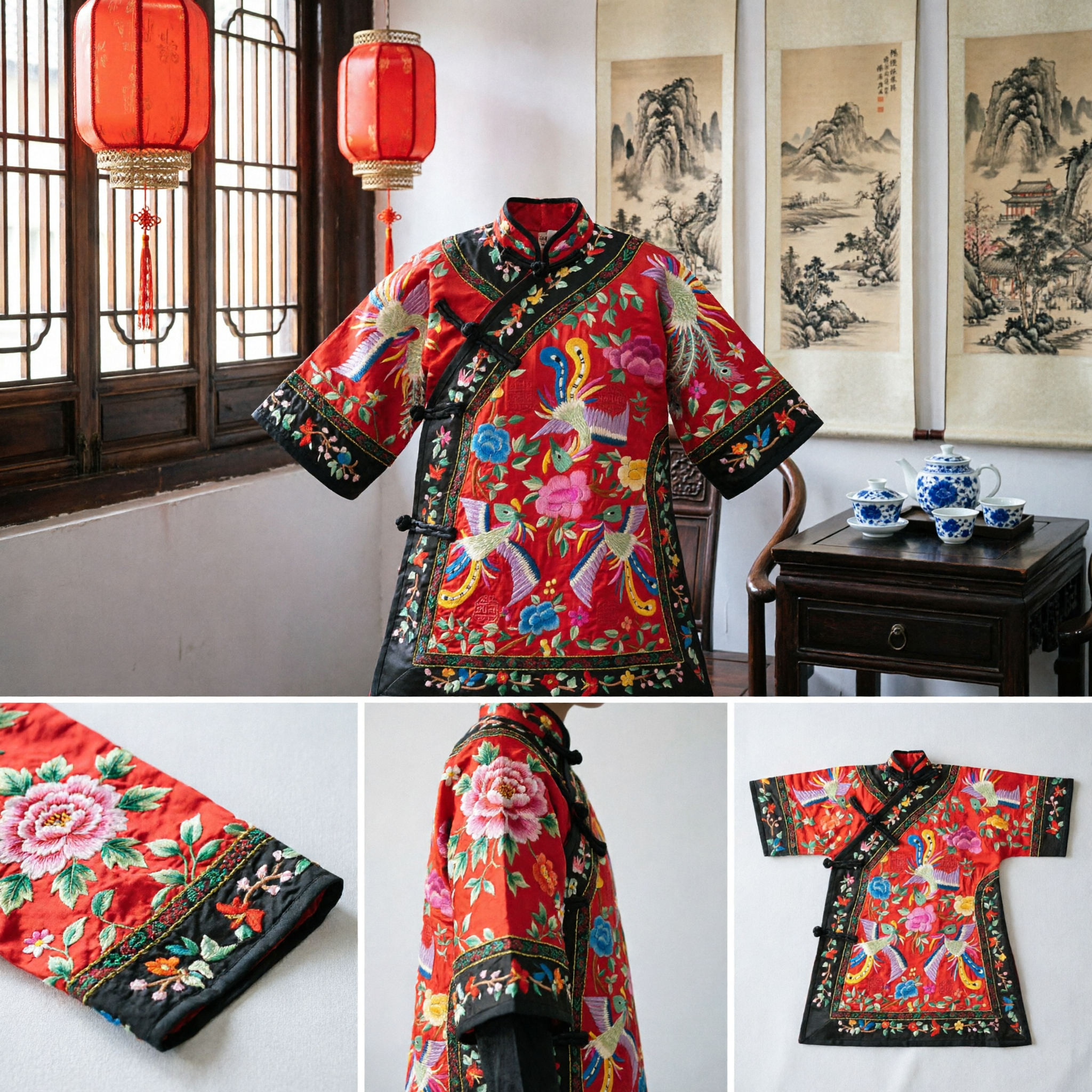 Traditional Chinese Children's Red Embroidered Phoenix Jacket Tang Suit Costume for Baby Boy Girl Lunar New Year - Asian Costume