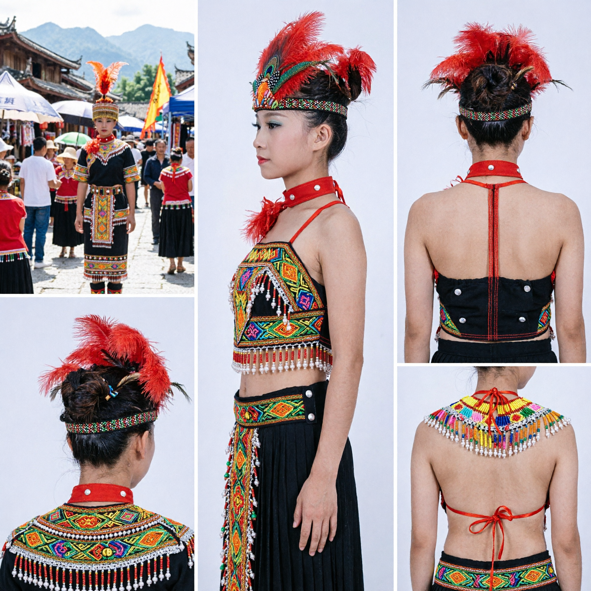 Traditional Chinese Red Feather Headpiece with Peacock Motif for Women's Stage Dance and Carnival Performance - Asian Costume