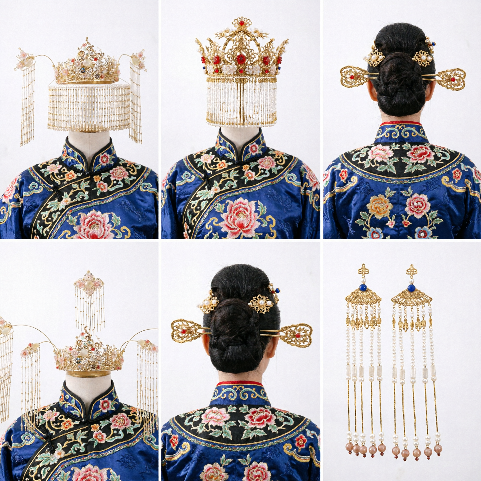 Traditional Chinese Hanfu Hair Accessories Set Ancient Princess Crown Wedding Headpiece Gold Flower Tassel Hairpins for Women - Asian Costume