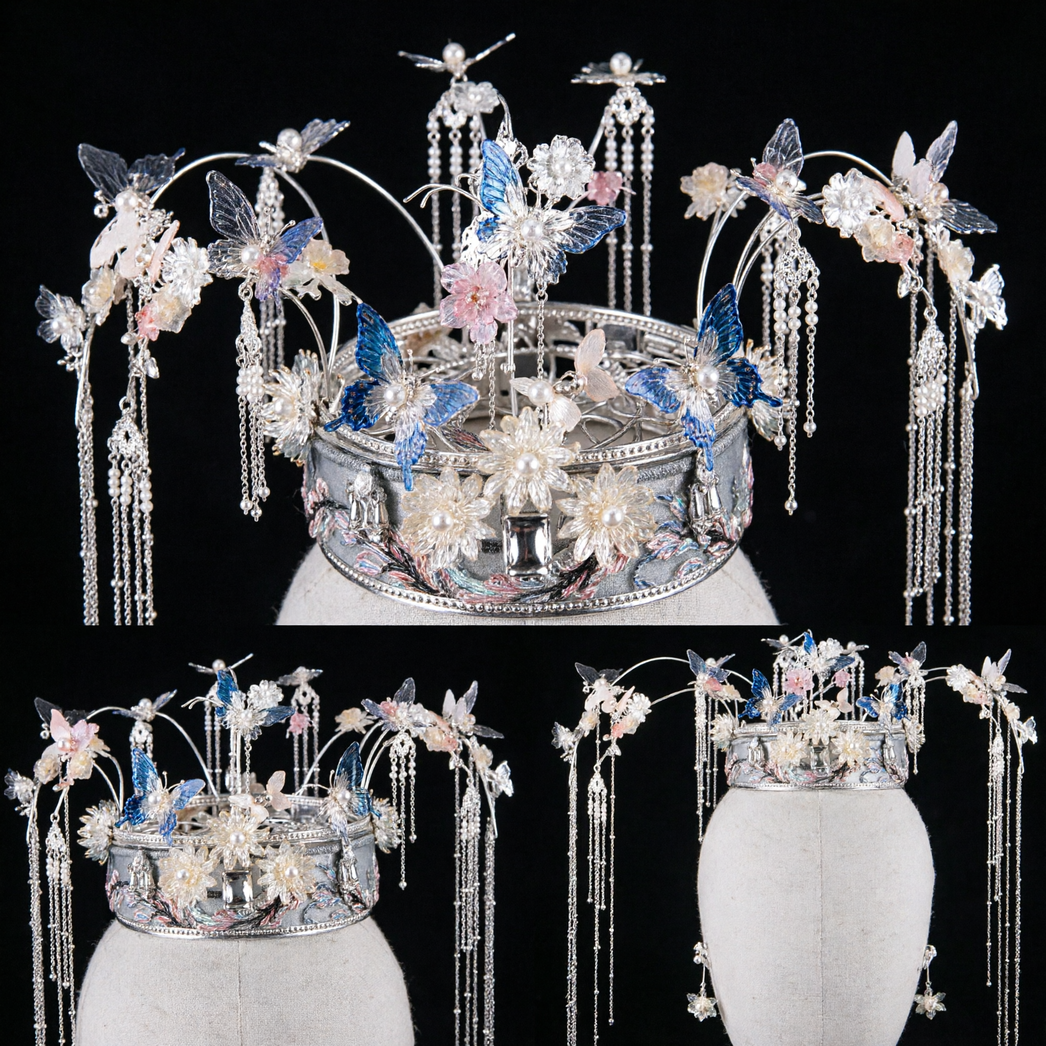 Traditional Chinese Bridal Hair Crown Silver Butterfly Phoenix Headpiece with Long Tassels for Hanfu Wedding - Asian Costume